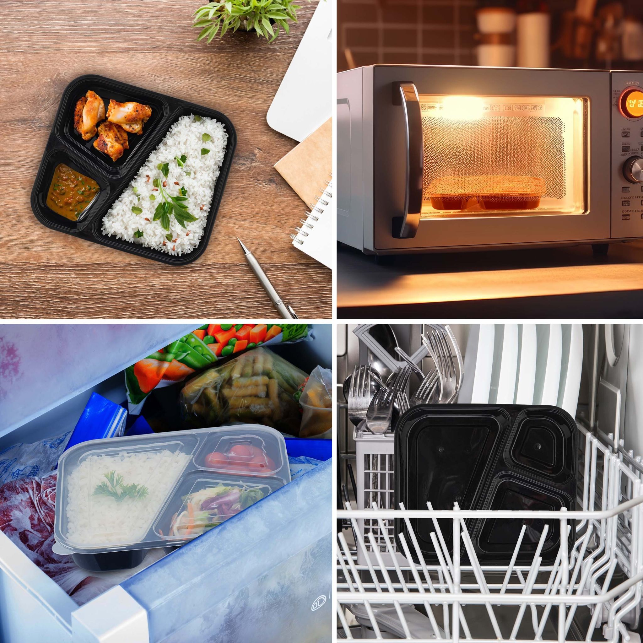 Meal Prep Boxen 24 Set 3 Fächer Schwarz-Transparent von Relaxdays