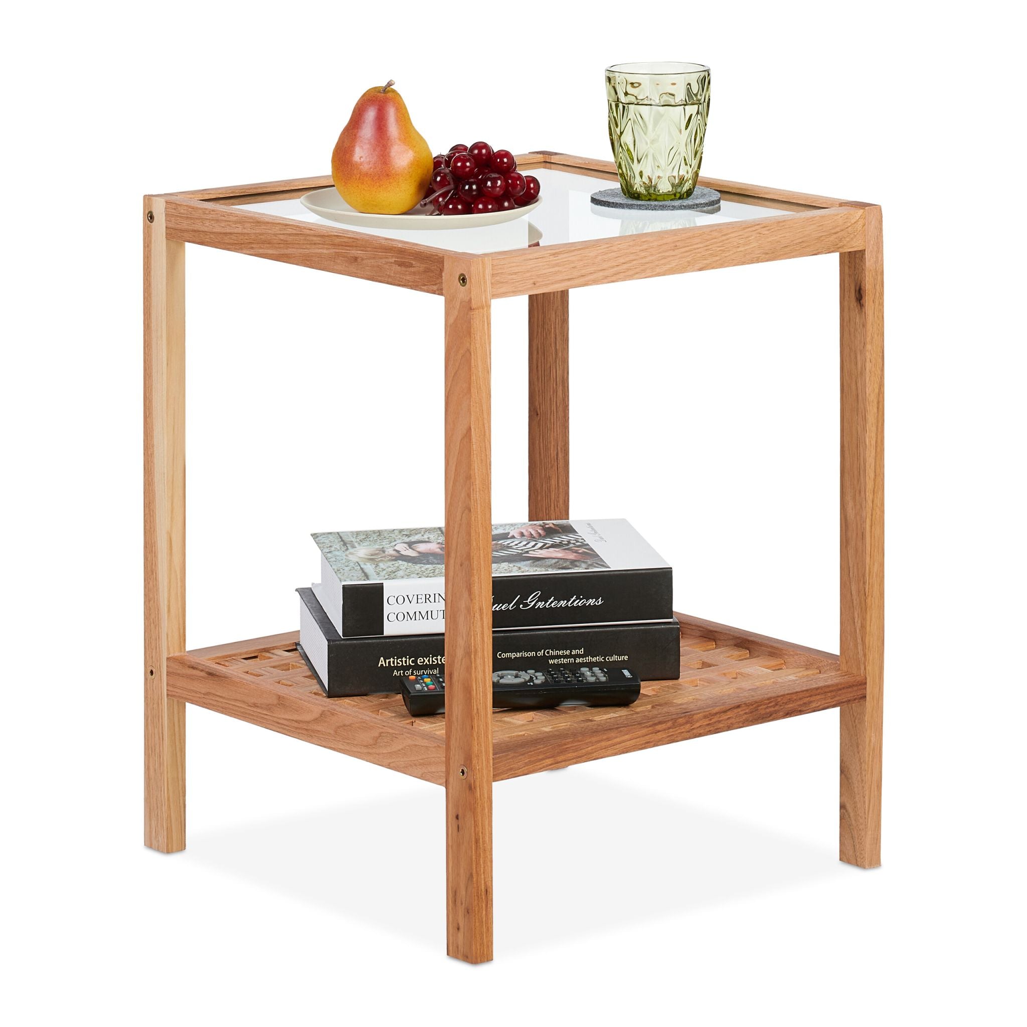 Beistelltisch mit Glasablage Walnussholz Hellbraun-Transparent von Relaxdays