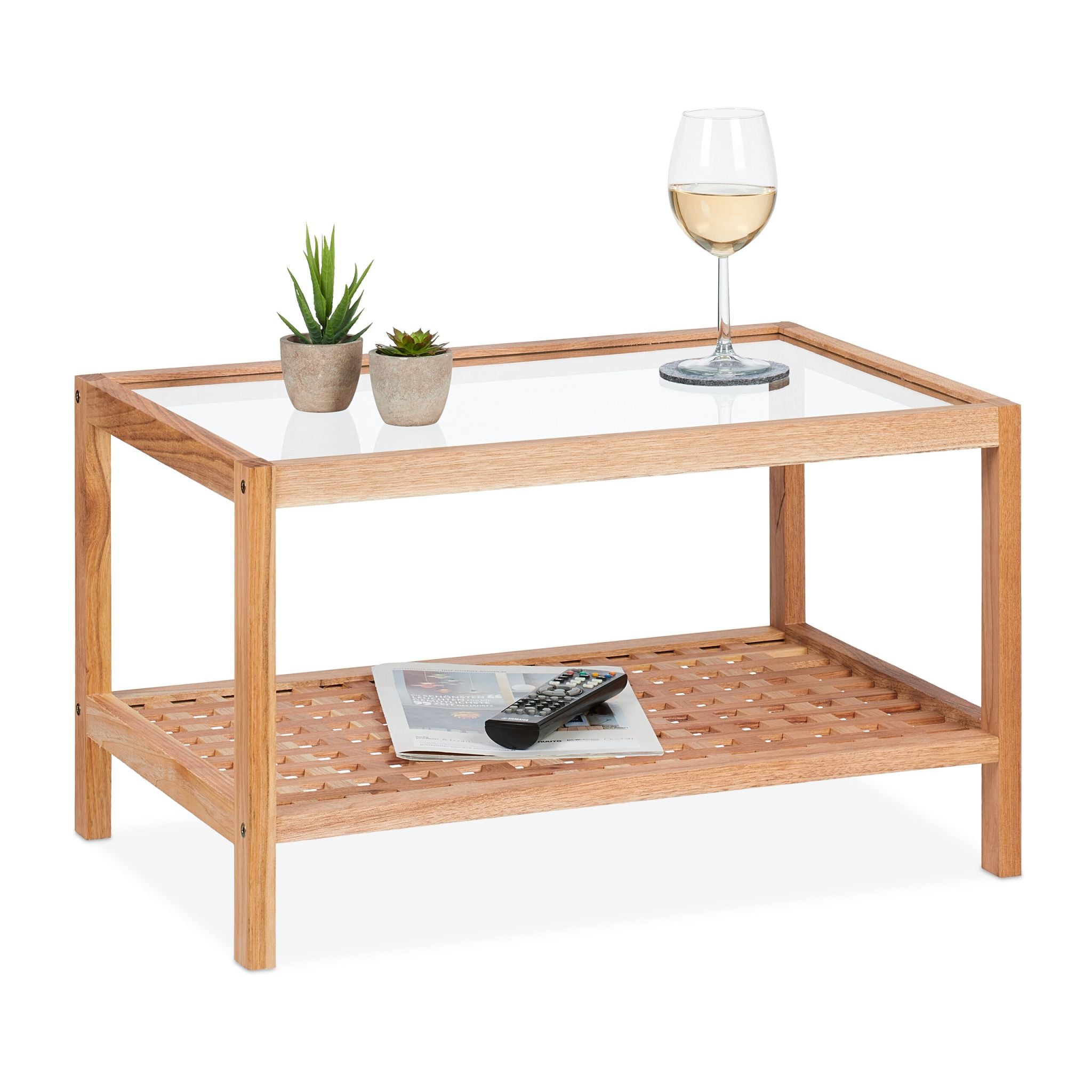 Beistelltisch Walnussholz mit Glasablage Hellbraun-Transparent von Relaxdays