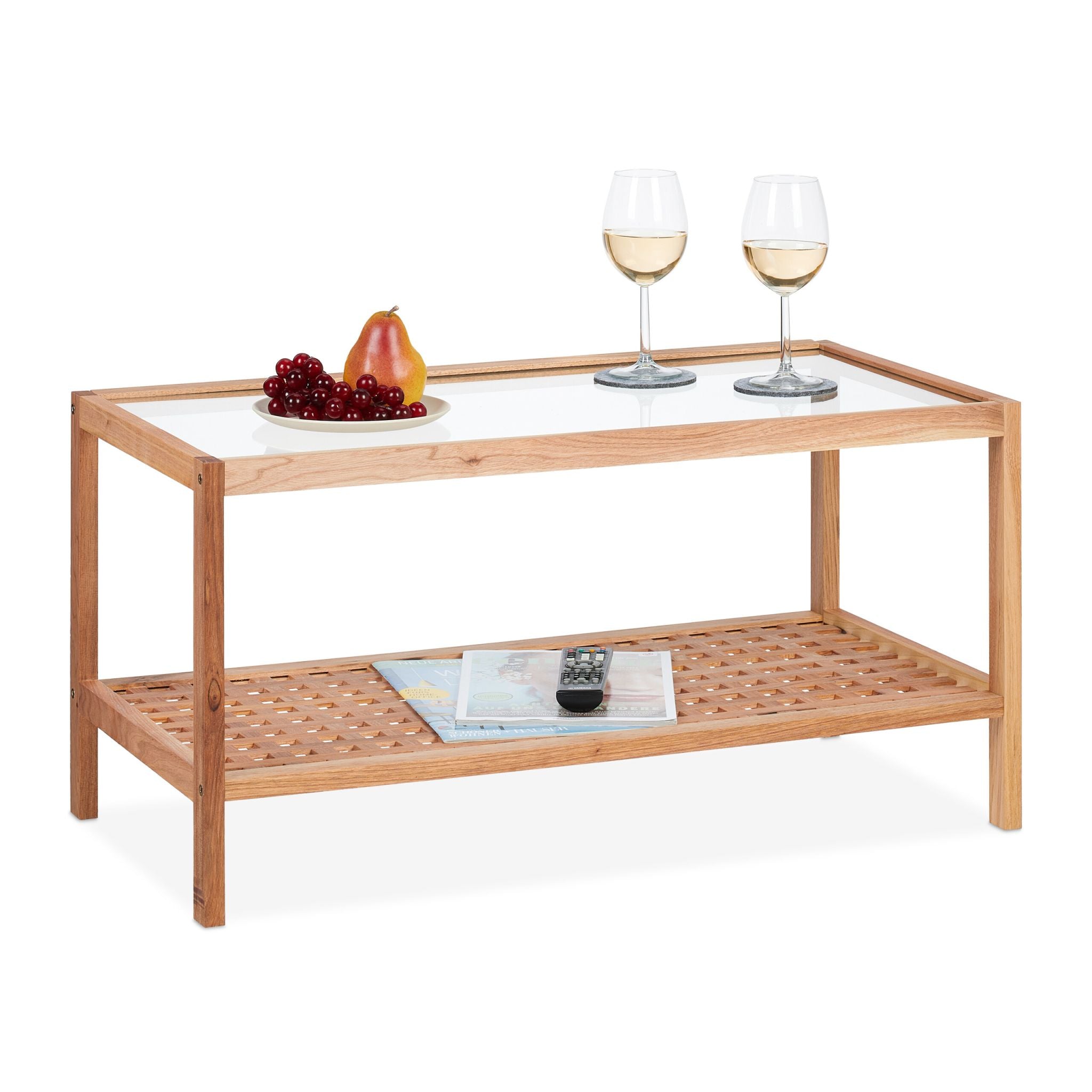 Beistelltisch Walnussholz mit Glasablage Hellbraun-Transparent von Relaxdays