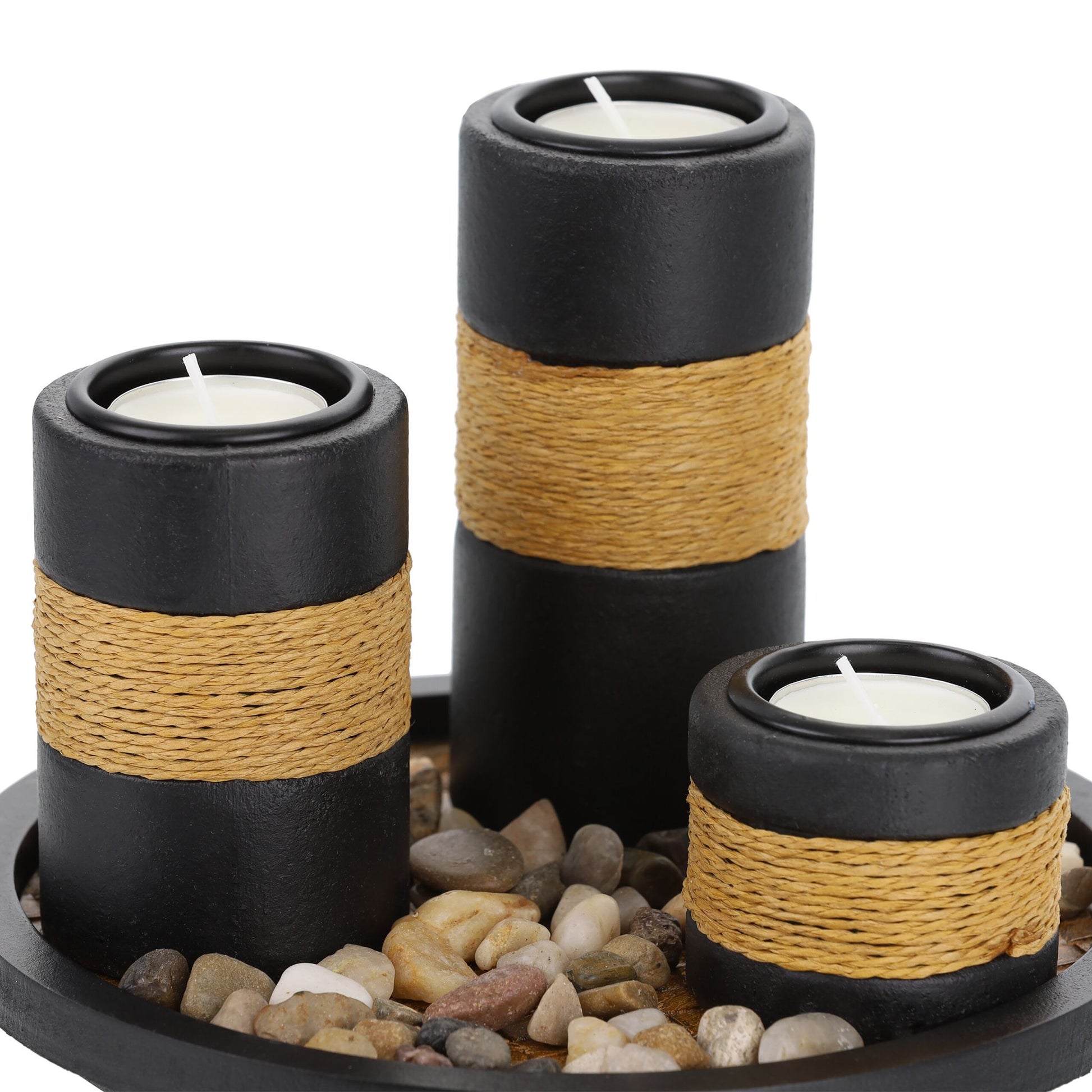 Teelichthalter mit Tablett & Steinen Hellbraun-Schwarz von Relaxdays