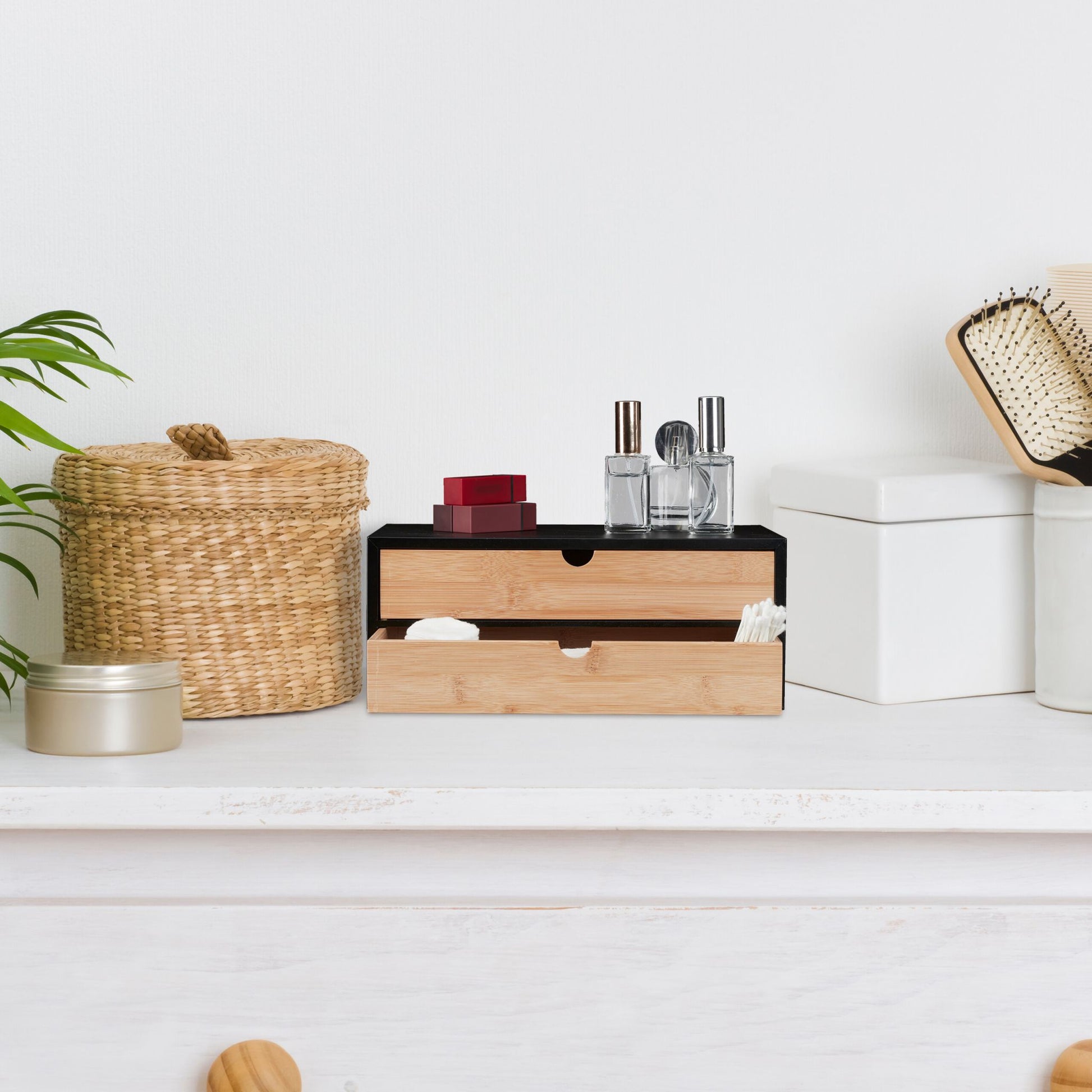 Schubladenbox Bambus & MDF 2 Fächer Hellbraun-Schwarz von Relaxdays