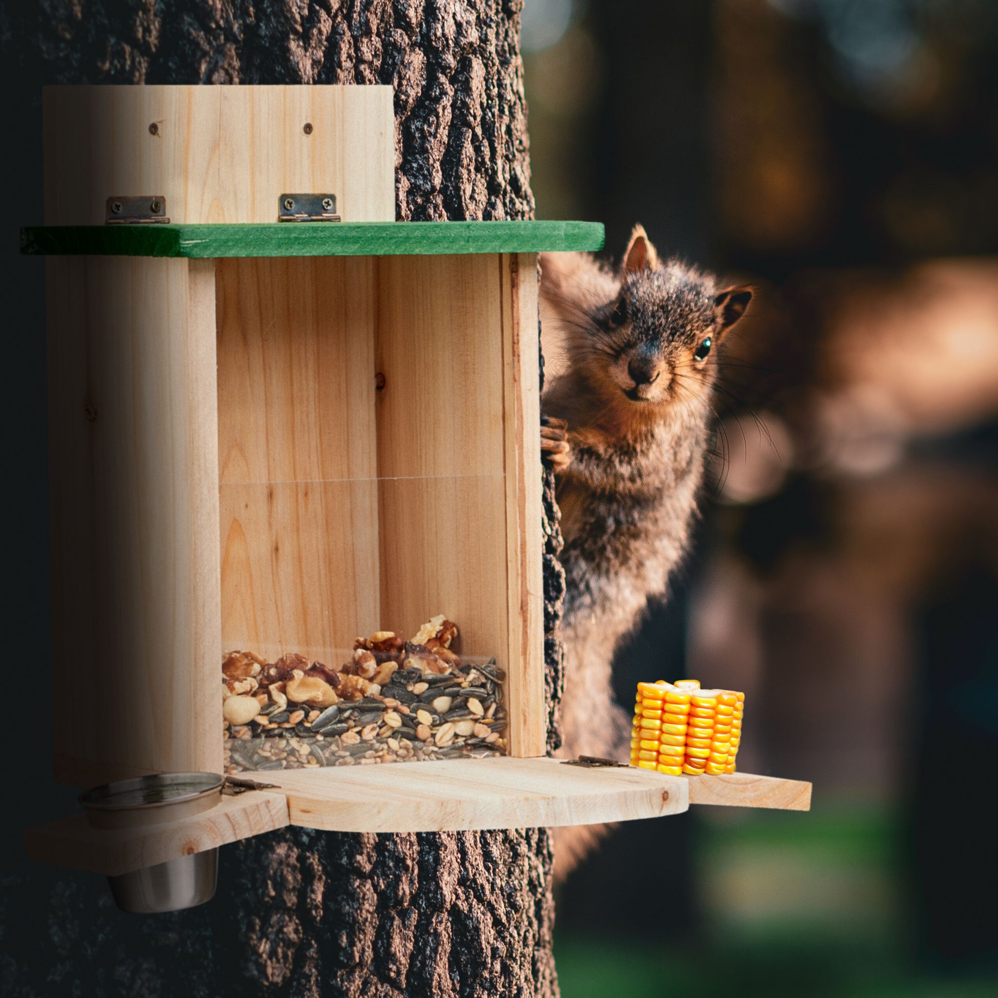 Eichhörnchen Futterhaus mit Tränke Grün-Hellbraun-Silber von Relaxdays