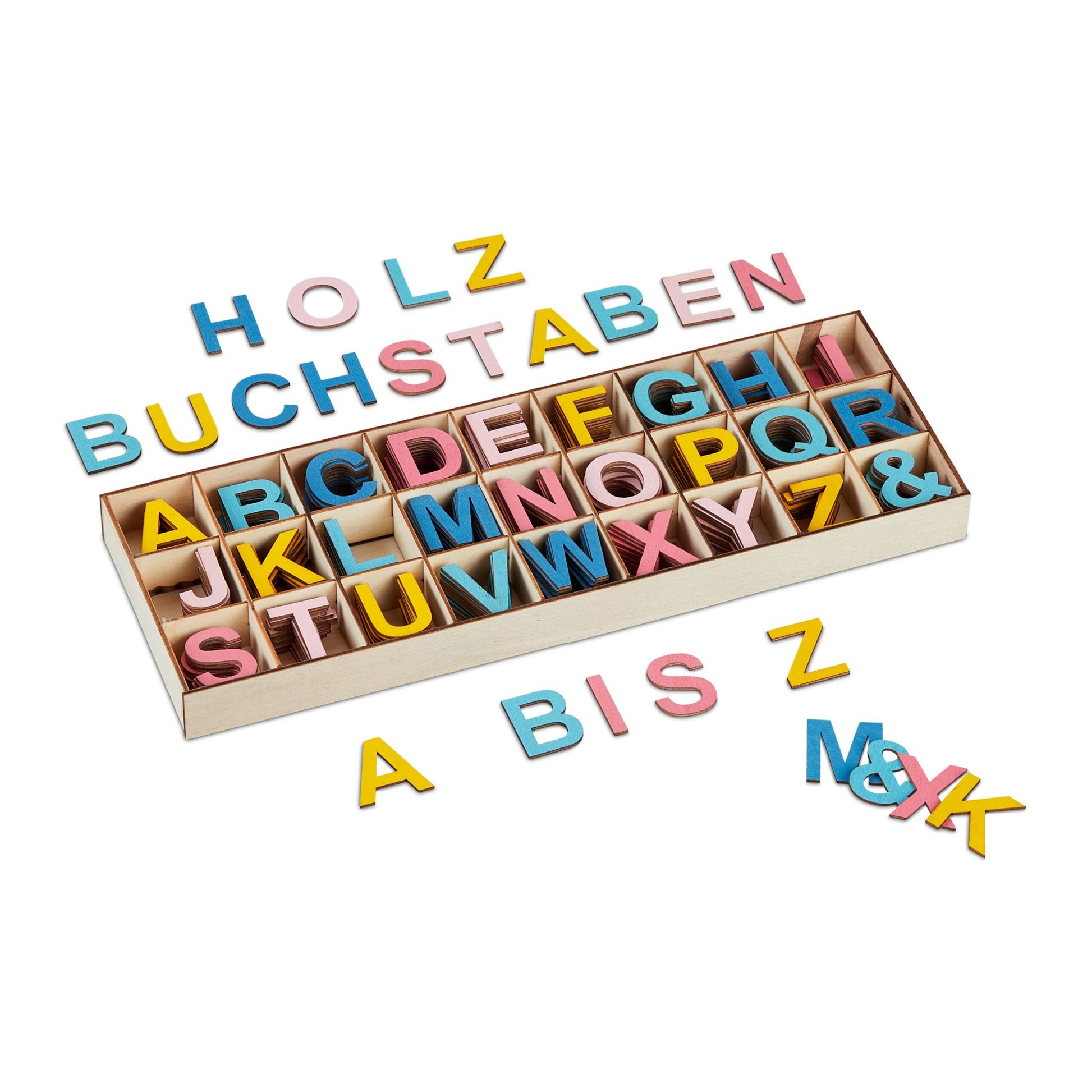 Holzbuchstaben 324er-Set Blau-Gelb-Rosa von Relaxdays