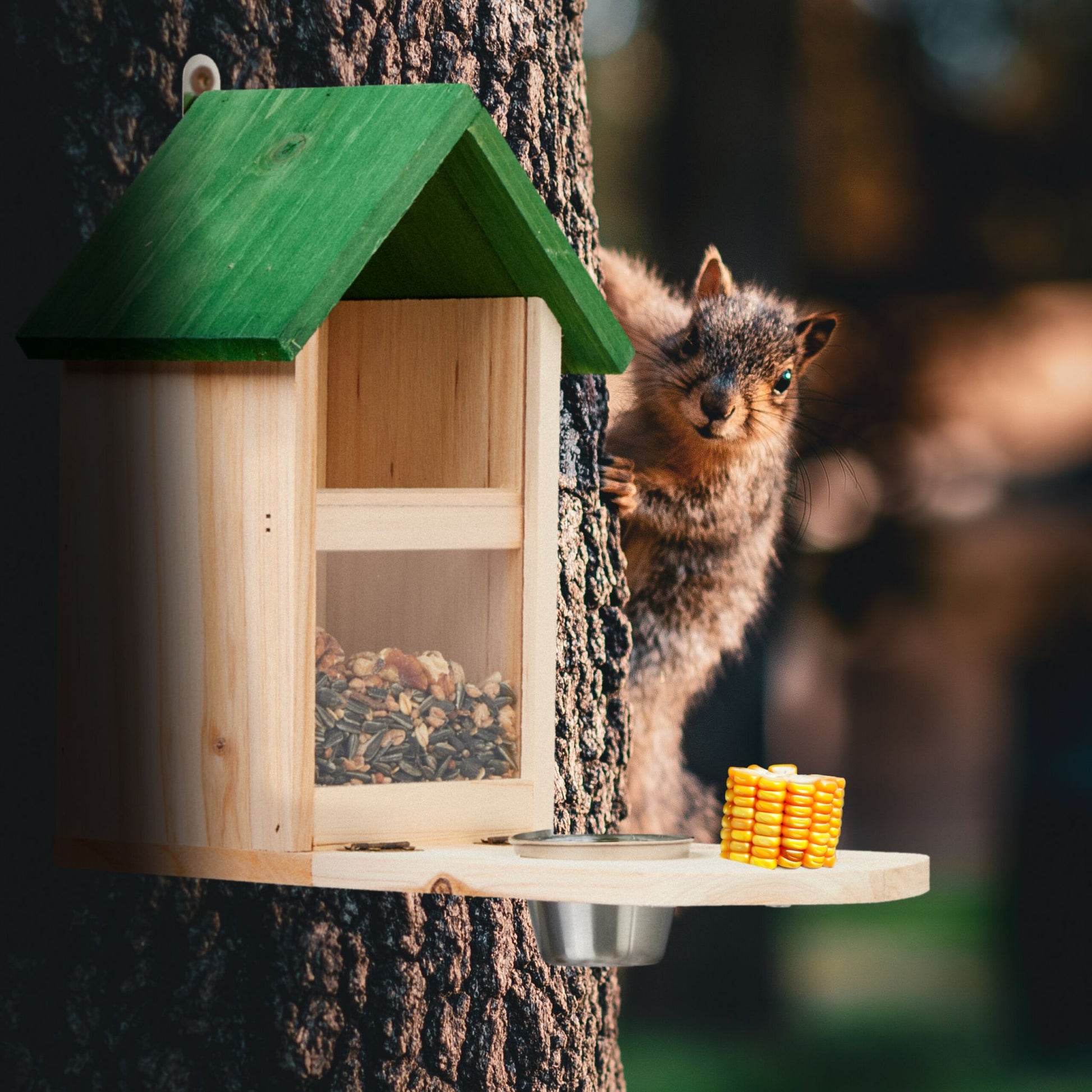 Eichhörnchen Futterhaus mit Wassernapf Grün-Hellbraun-Silber von Relaxdays