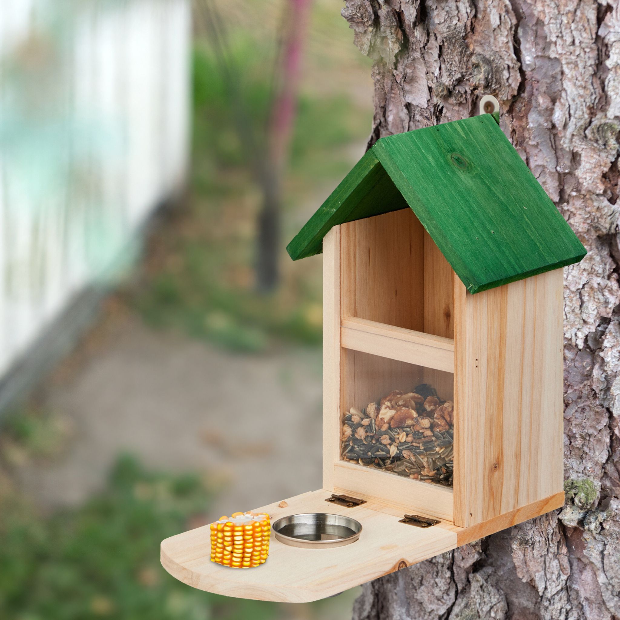 Eichhörnchen Futterhaus mit Wassernapf Grün-Hellbraun-Silber von Relaxdays