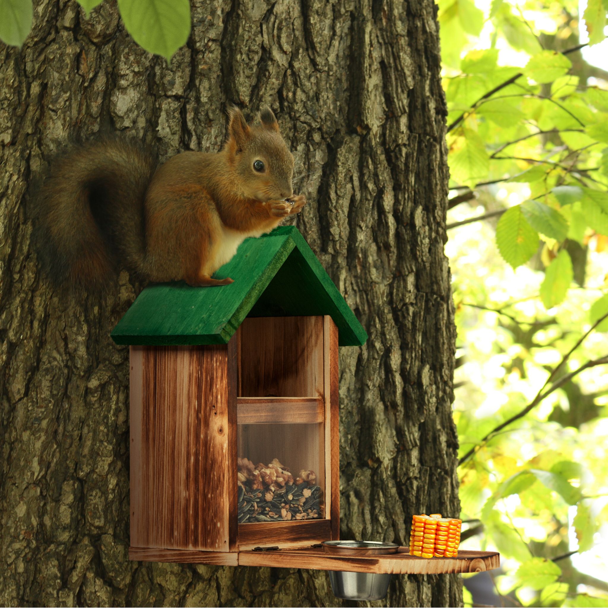 Eichhörnchen Futterhaus Holz Grün-Hellbraun-Silber von Relaxdays