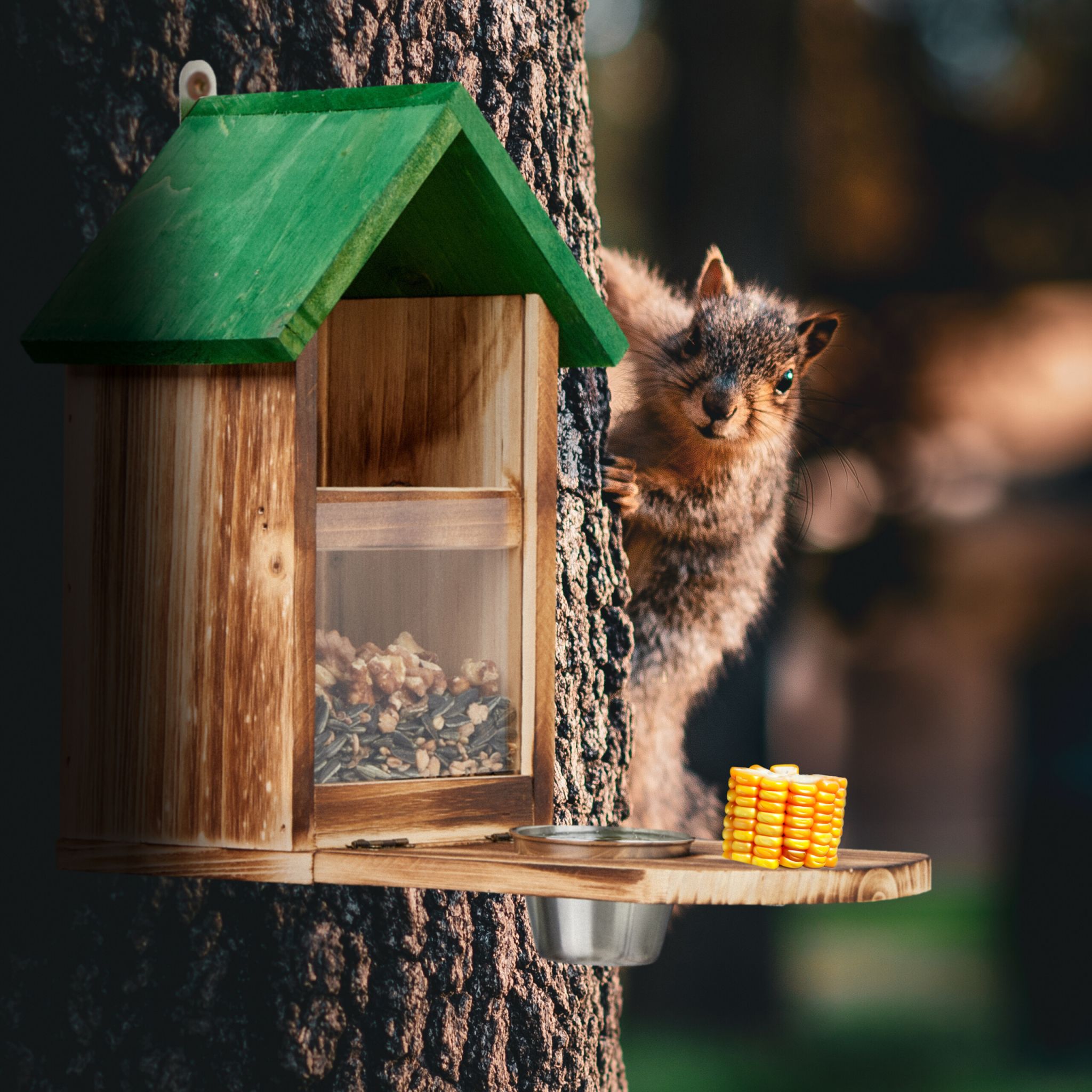 Eichhörnchen Futterhaus Holz Grün-Hellbraun-Silber von Relaxdays