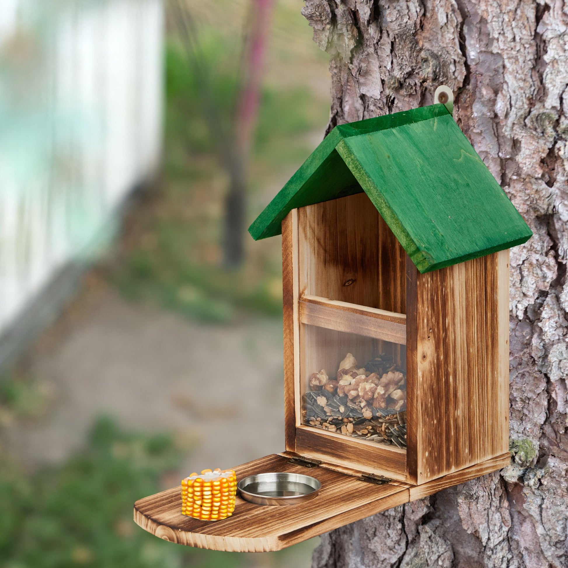 Eichhörnchen Futterhaus Holz Grün-Hellbraun-Silber von Relaxdays