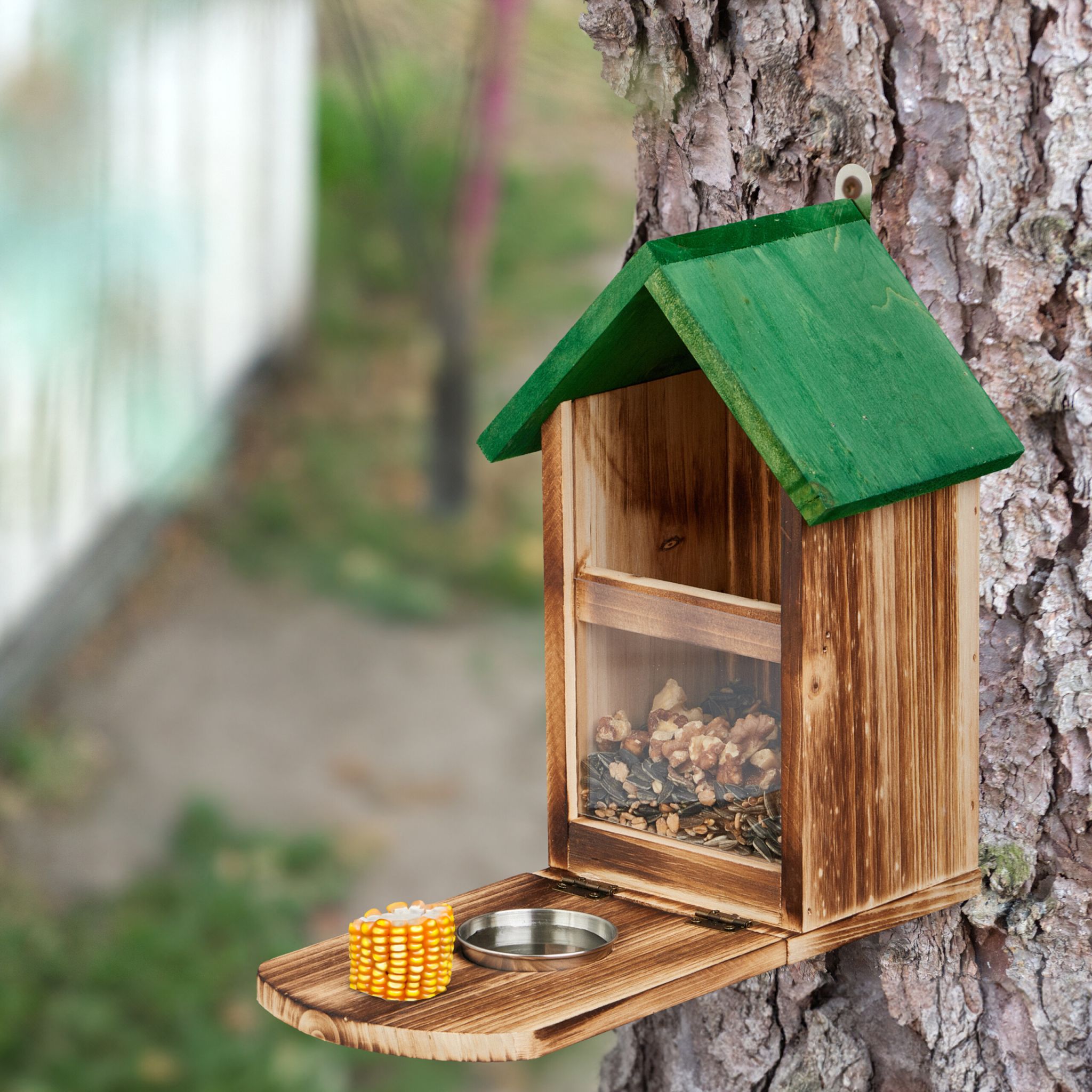 Eichhörnchen Futterhaus Holz Grün-Hellbraun-Silber von Relaxdays