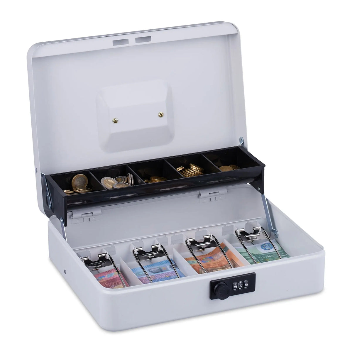 Geldkassette mit Zahlenkombination Weiss-Schwarz-Silber von Relaxdays