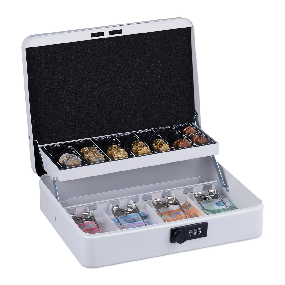 Geldkassette Zahlenkombination Euro Weiss-Schwarz-Silber von Relaxdays