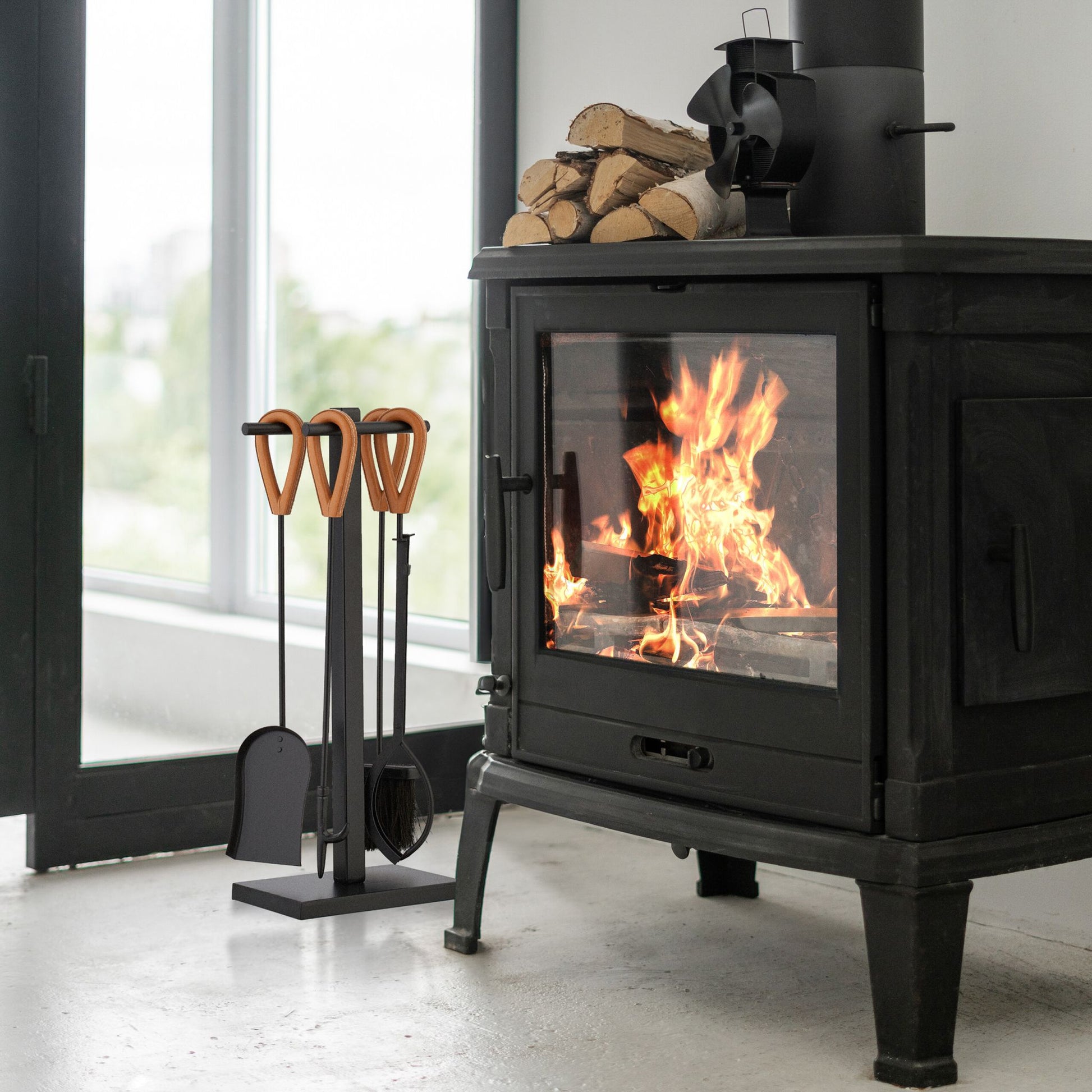 Kaminbesteck mit Ledergriffen 5tlg. Hellbraun-Schwarz von Relaxdays