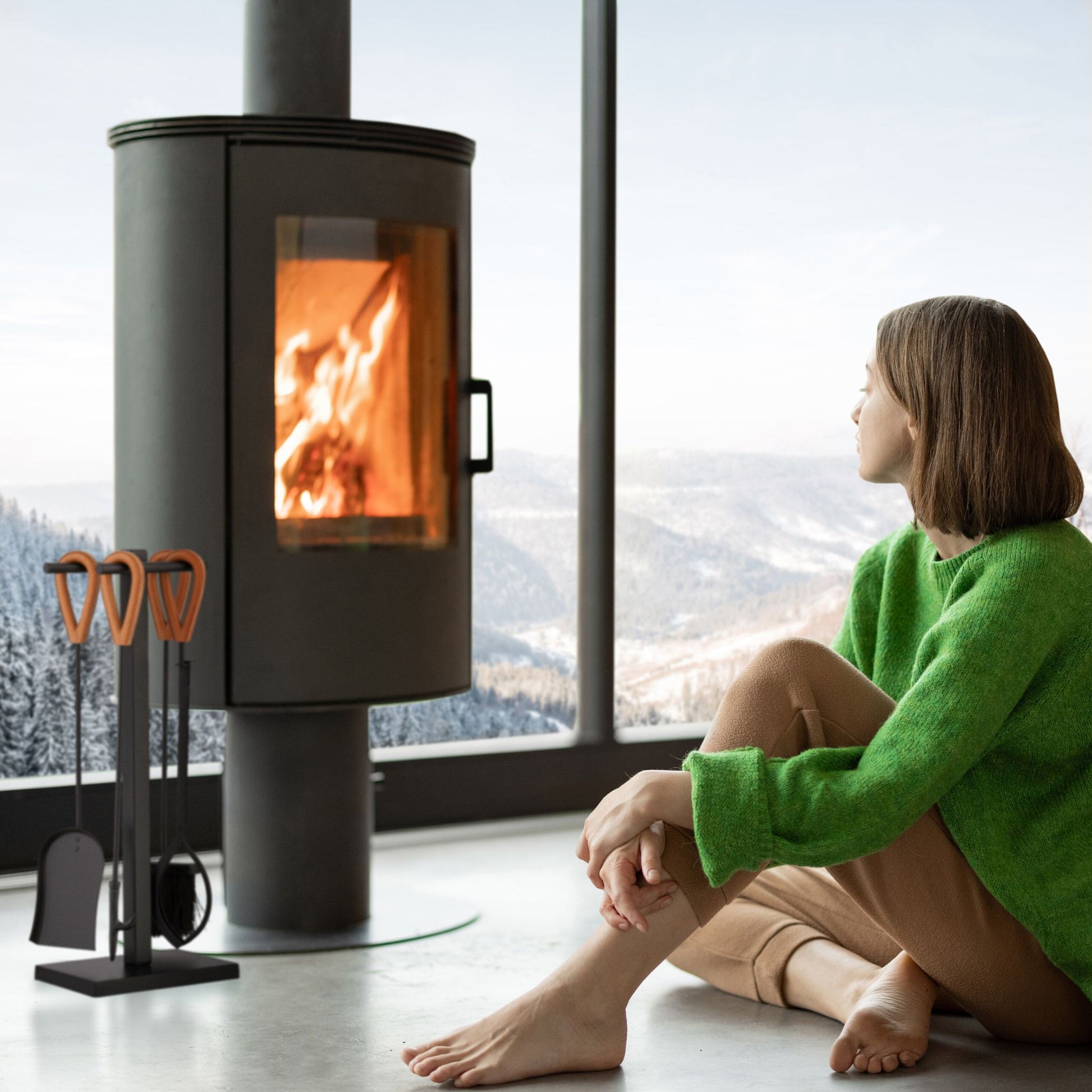 Kaminbesteck mit Ledergriffen 5tlg. Hellbraun-Schwarz von Relaxdays