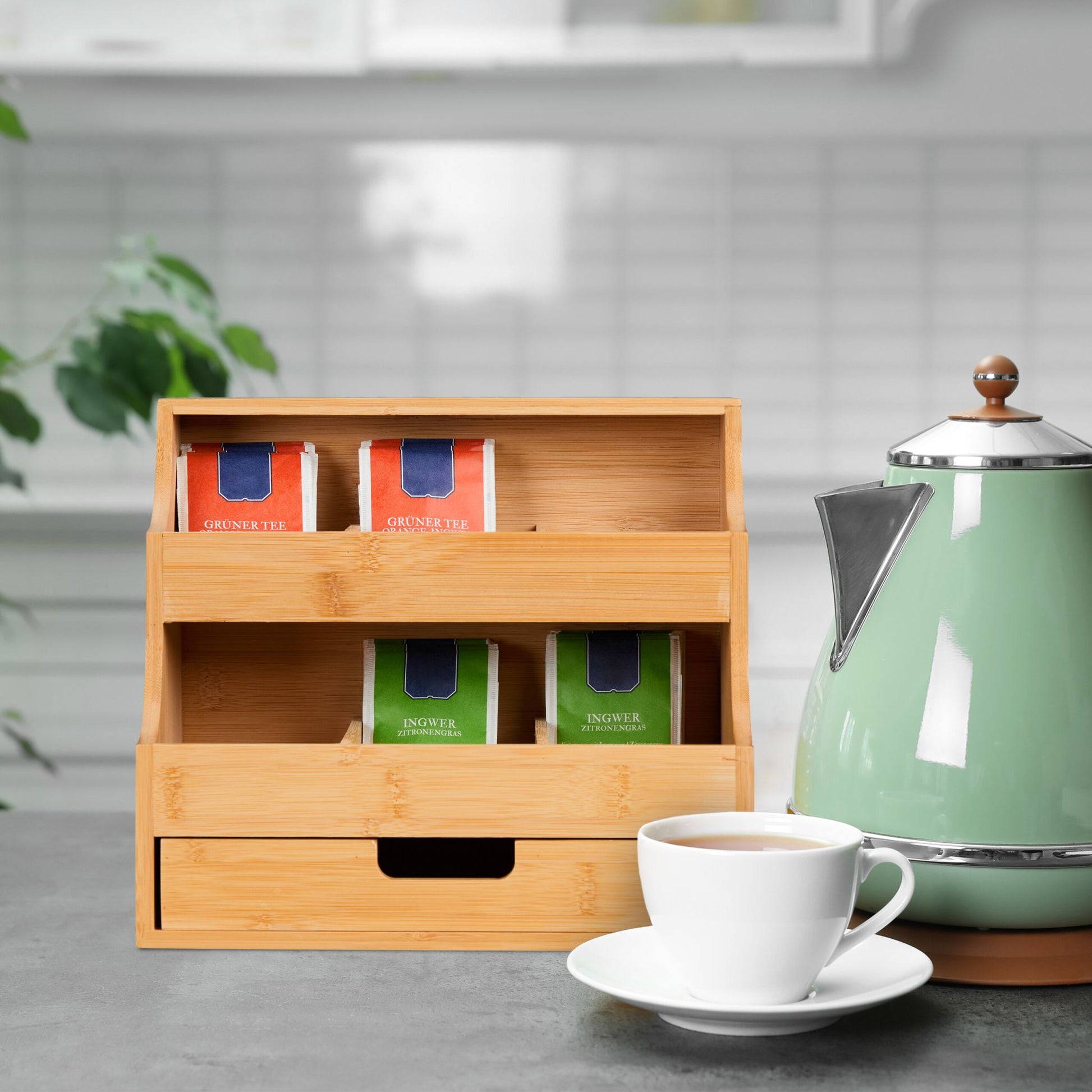 Tee Organizer mit Schublade 9 Fächer Hellbraun von Relaxdays