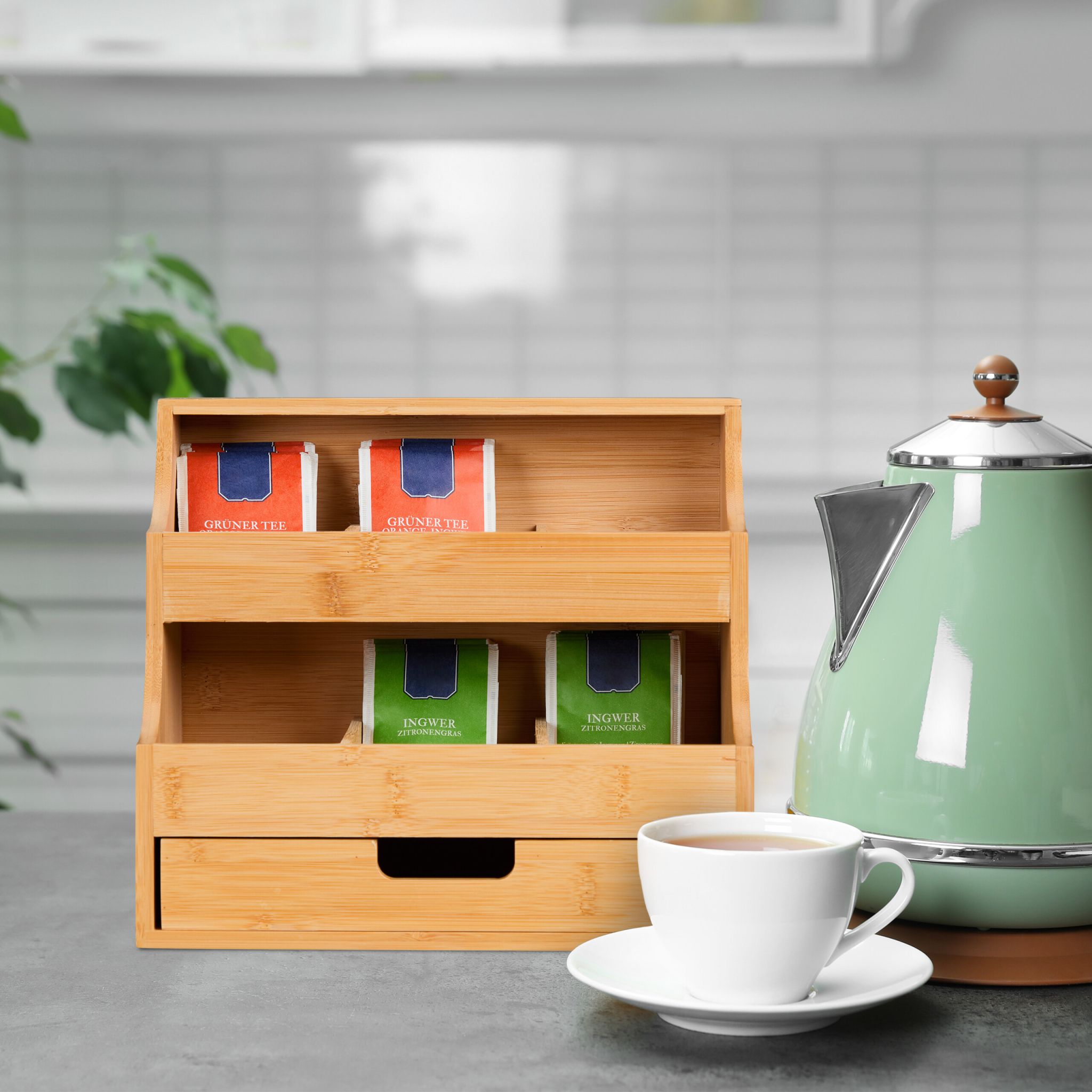 Tee Organizer mit Schublade 9 Fächer Hellbraun von Relaxdays
