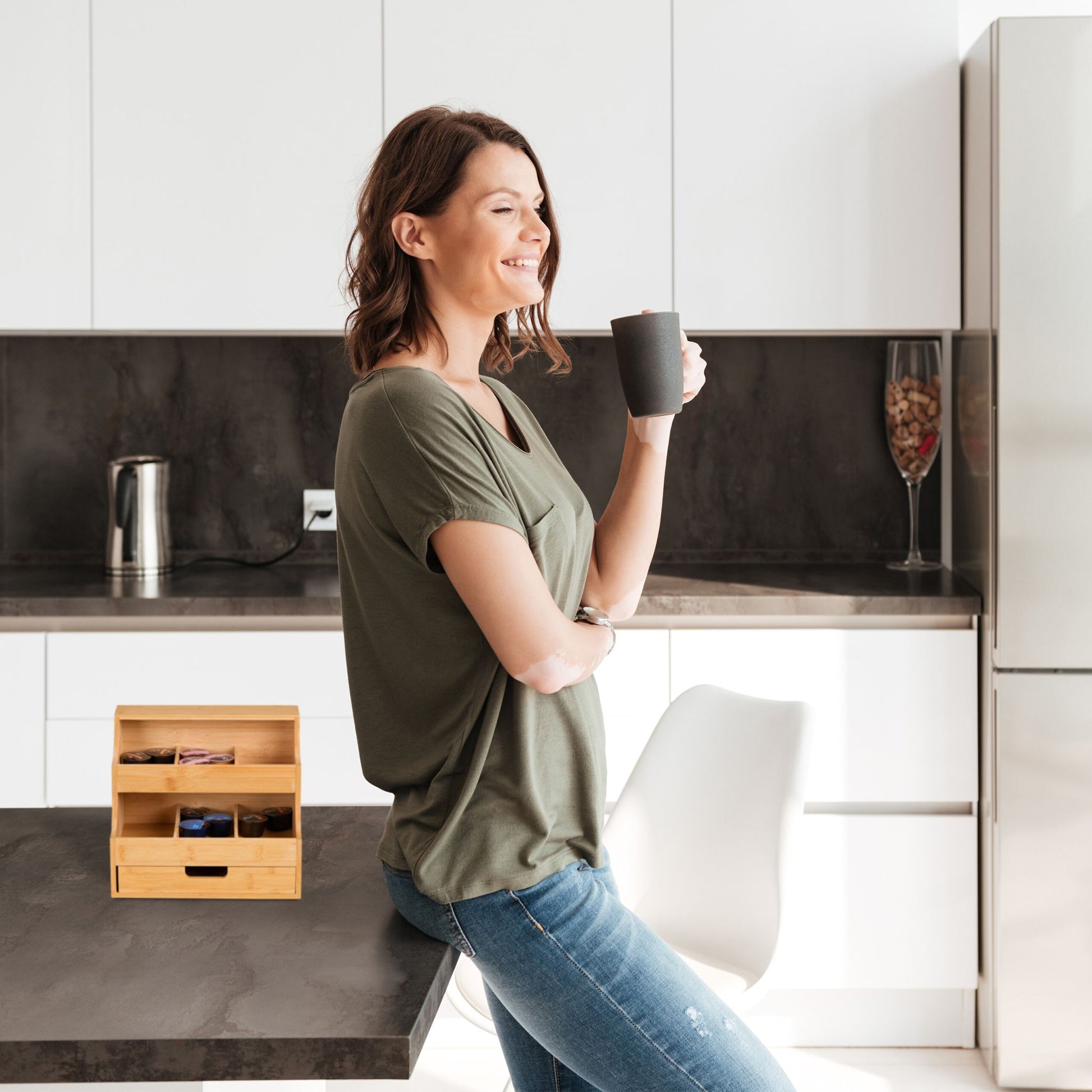 Tee Organizer mit Schublade 9 Fächer Hellbraun von Relaxdays