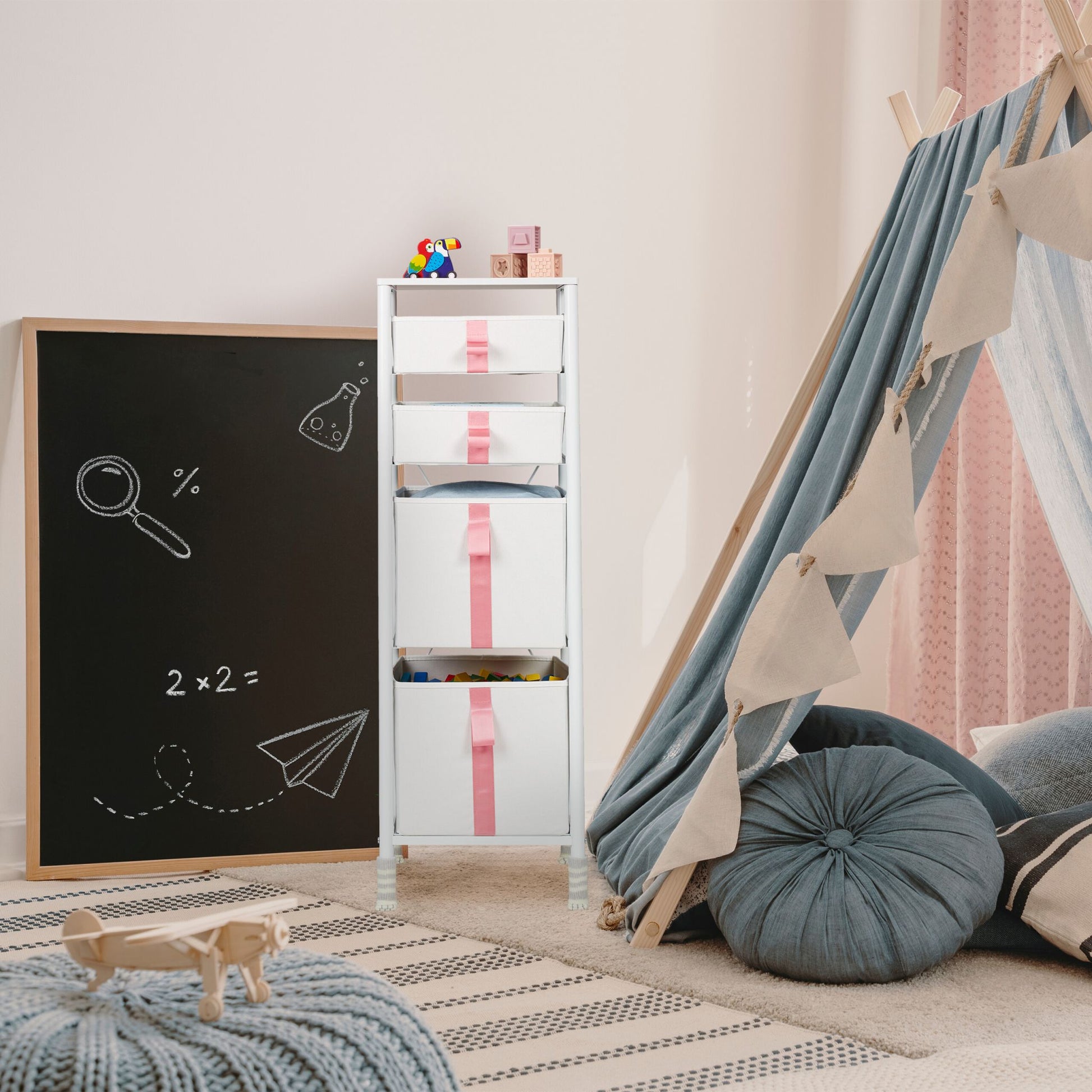Kommode für Kinder 4 Schubladen Weiss-Creme-Rosa von Relaxdays