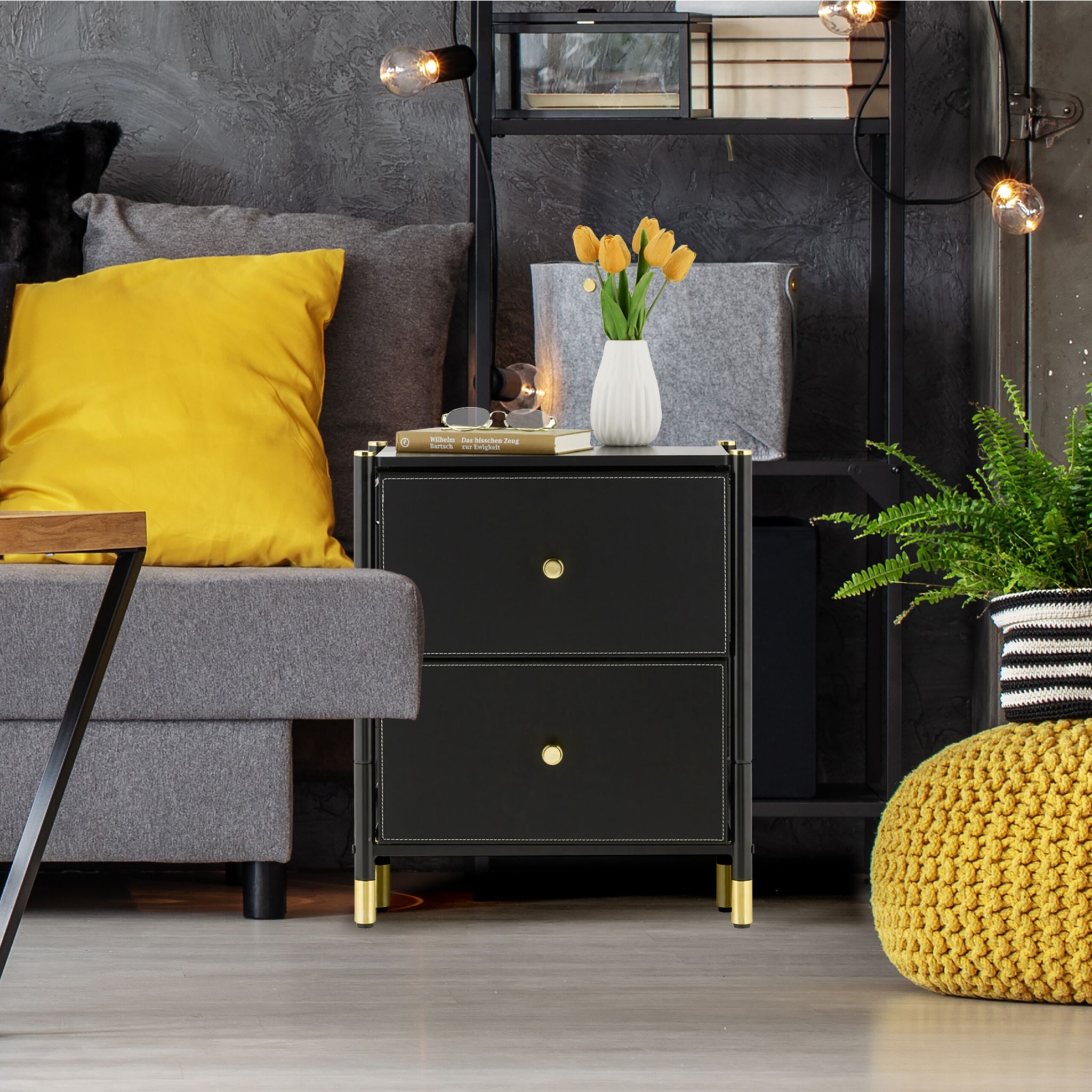 Beistellschrank mit 2 Schubladen Gold-Schwarz von Relaxdays