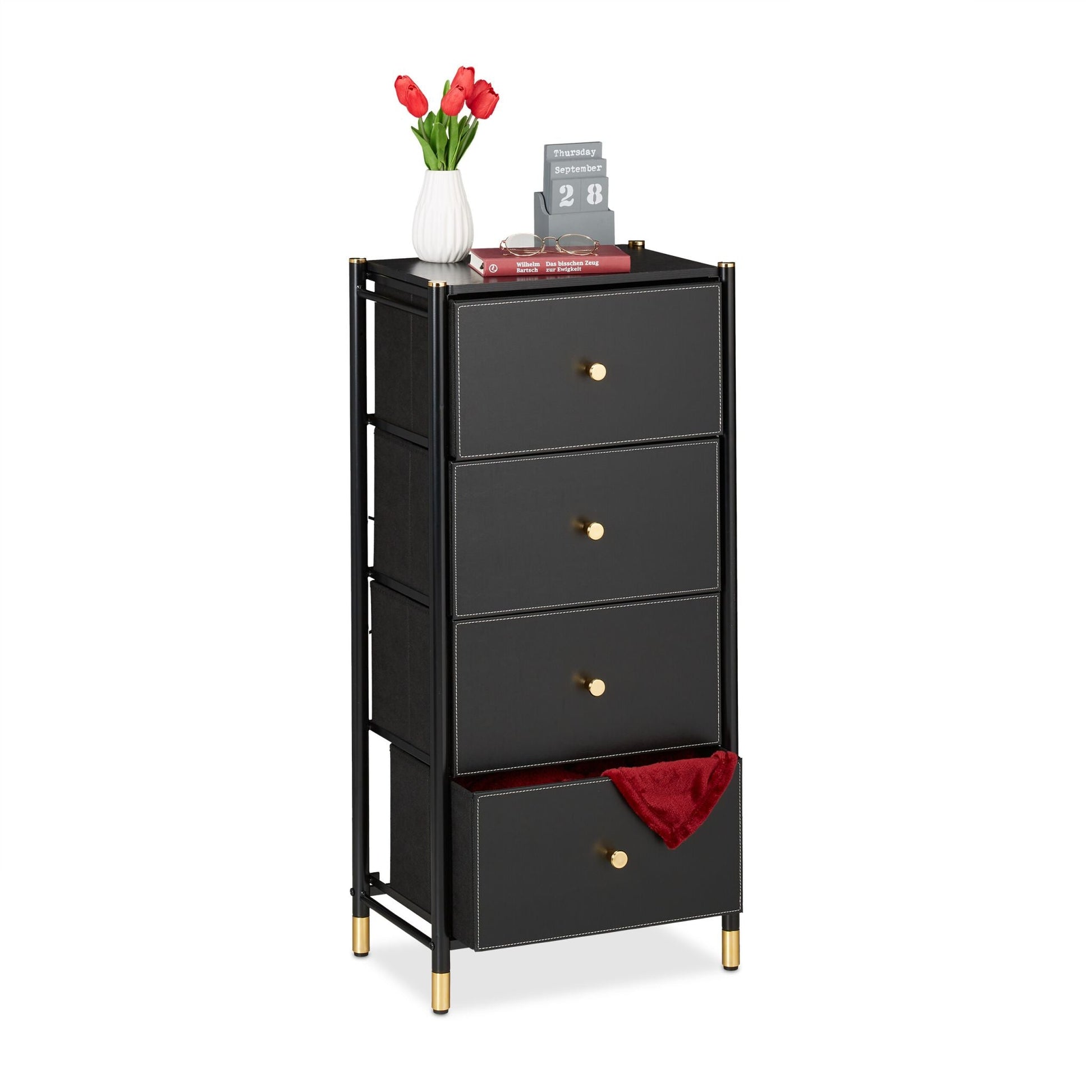 Kommode mit 4 Schubladen Gold-Schwarz von Relaxdays