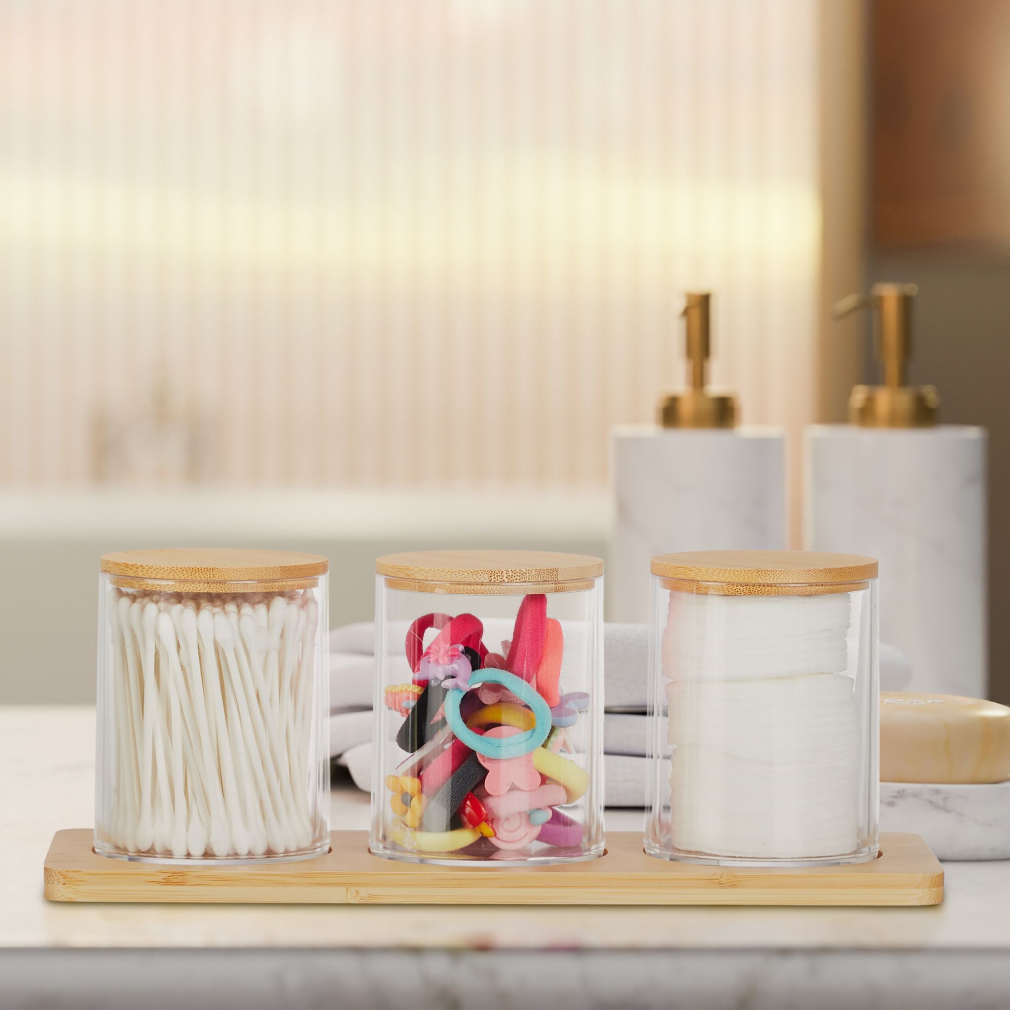 Wattestäbchenbehälter mit Tablett Hellbraun-Transparent von Relaxdays