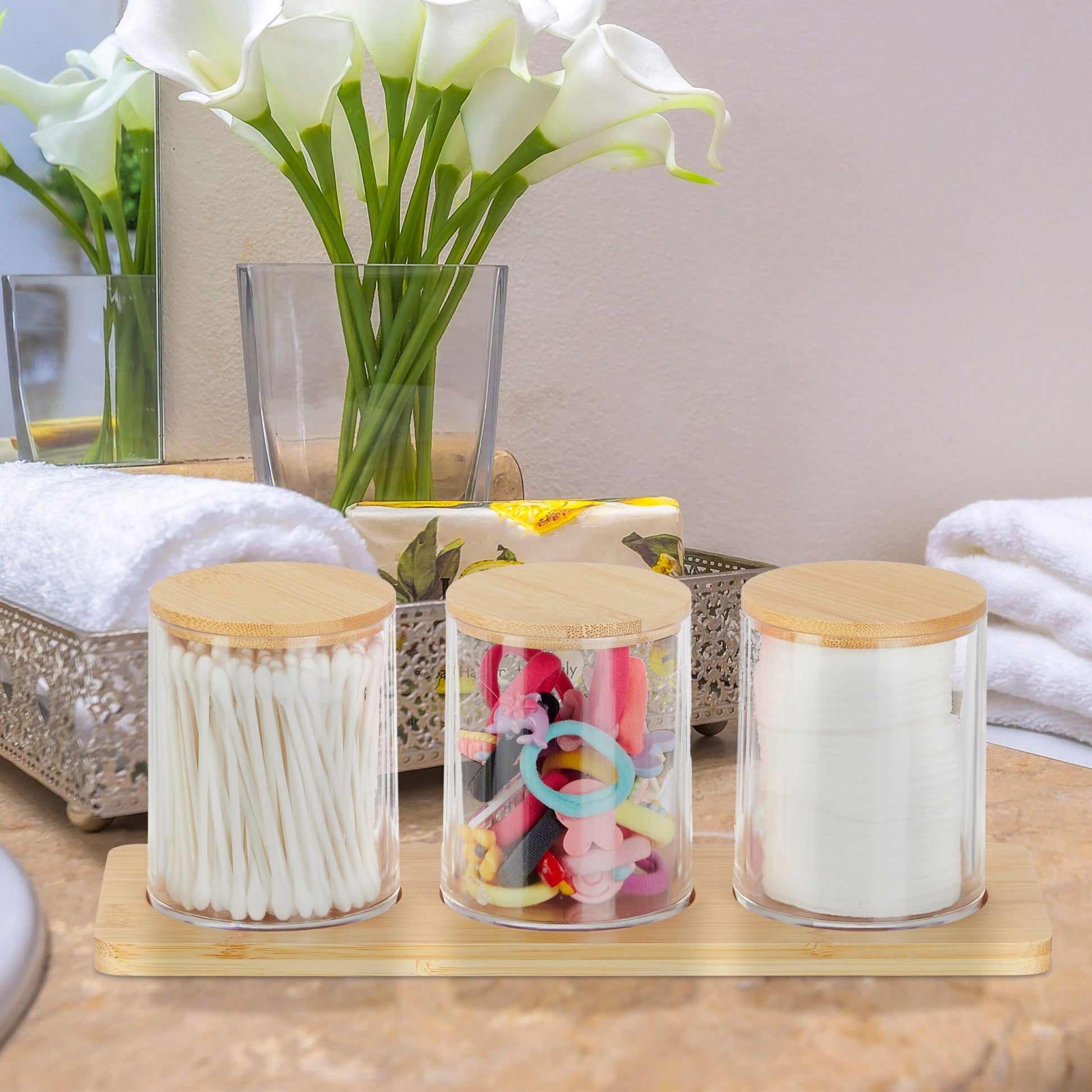 Wattestäbchenbehälter mit Tablett Hellbraun-Transparent von Relaxdays