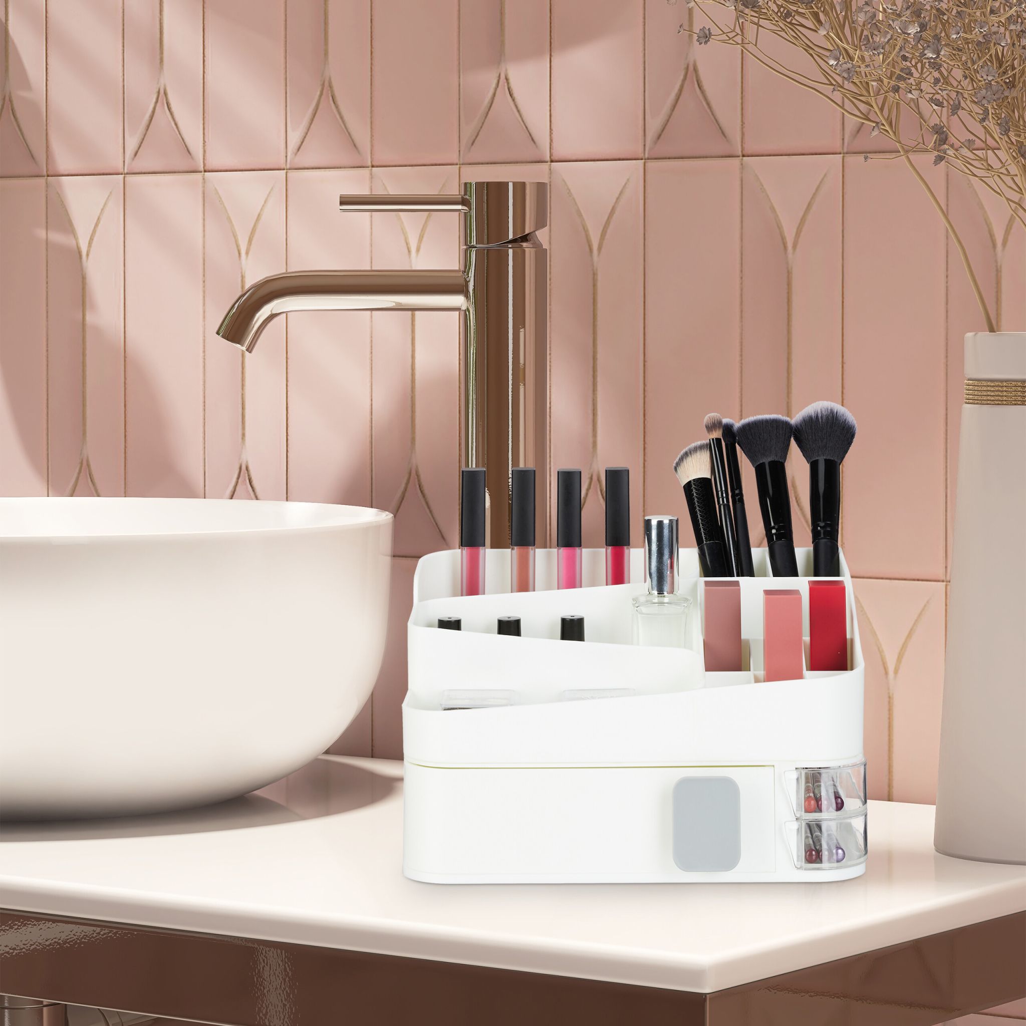 Make Up Organizer mit Schublade Weiss-Transparent-Grau von Relaxdays