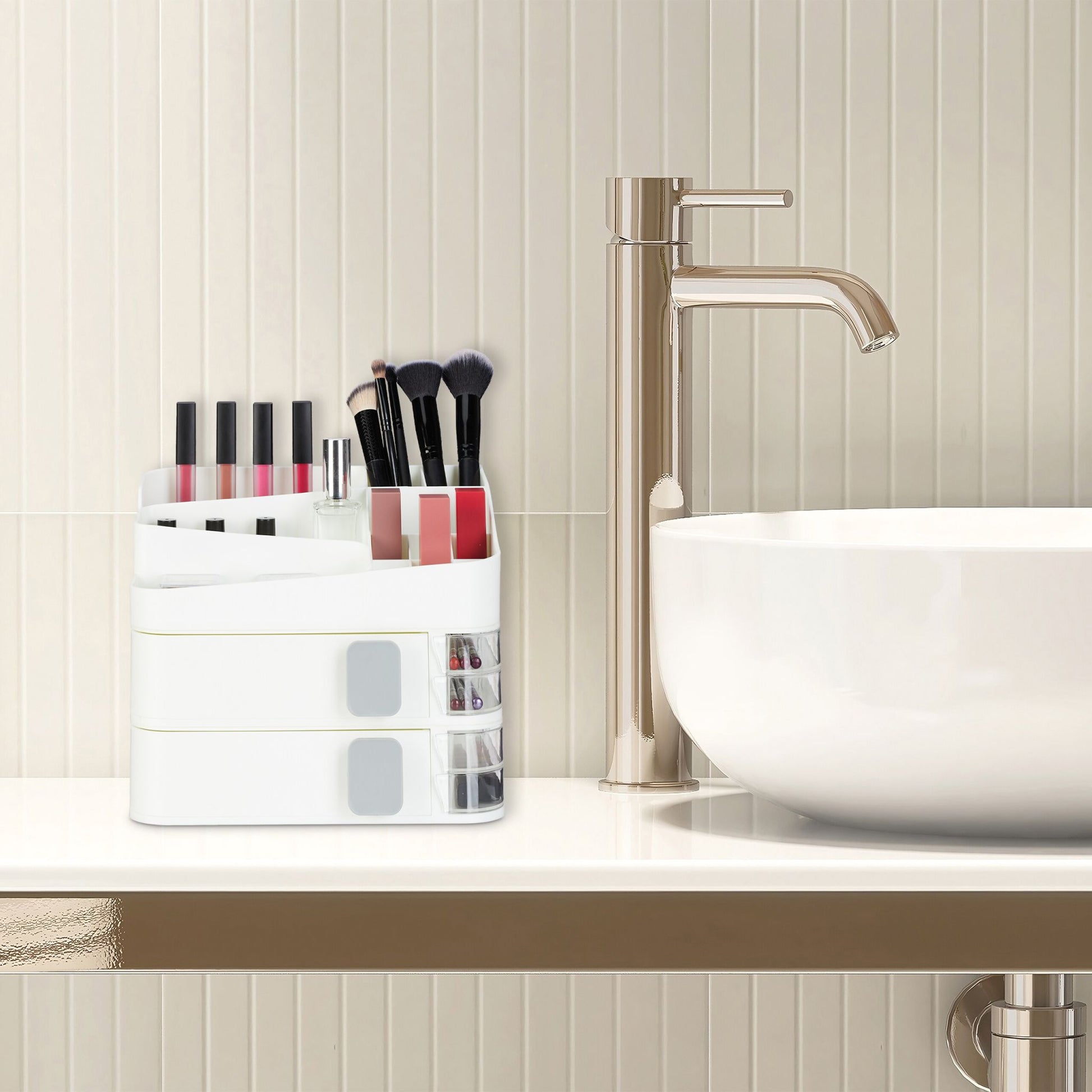 Make Up Organizer mit Schubladen Weiss-Transparent-Grau von Relaxdays
