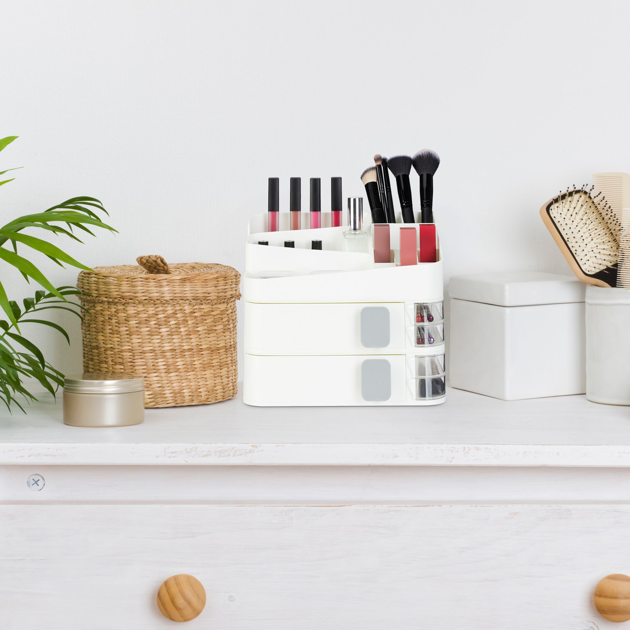 Make Up Organizer mit Schubladen Weiss-Transparent-Grau von Relaxdays