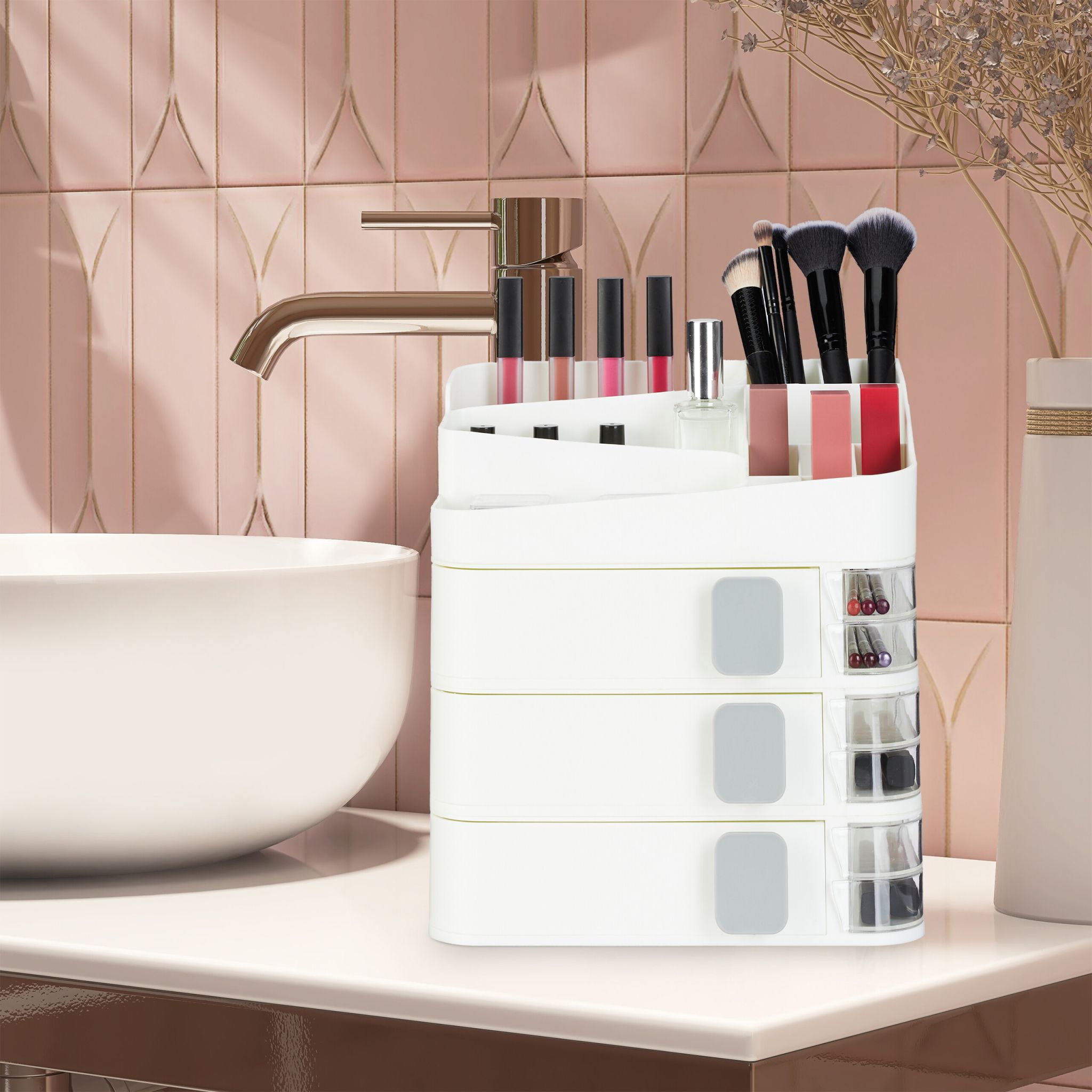 Make Up Organizer mit Schubladen Weiss-Transparent-Grau von Relaxdays