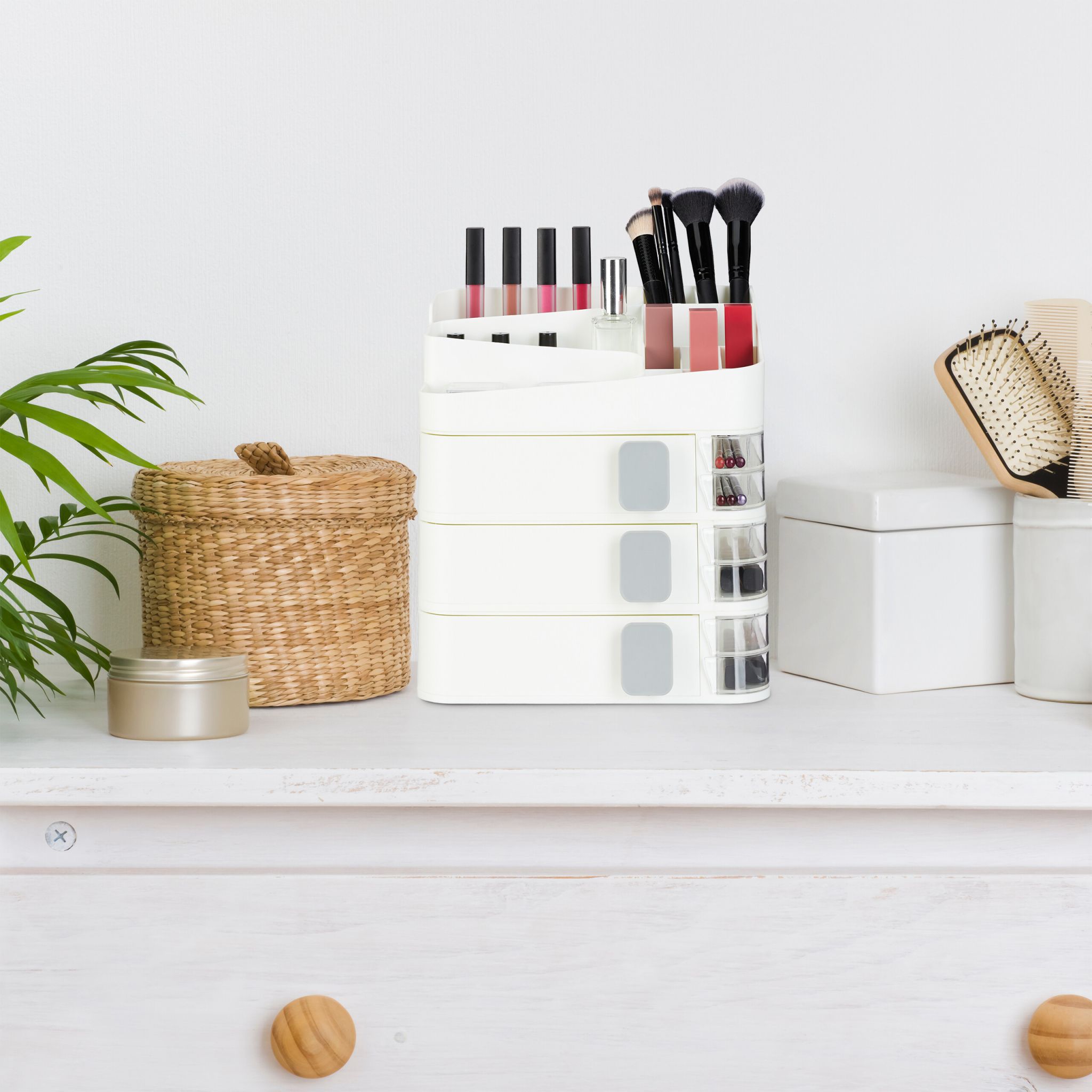 Make Up Organizer mit Schubladen Weiss-Transparent-Grau von Relaxdays