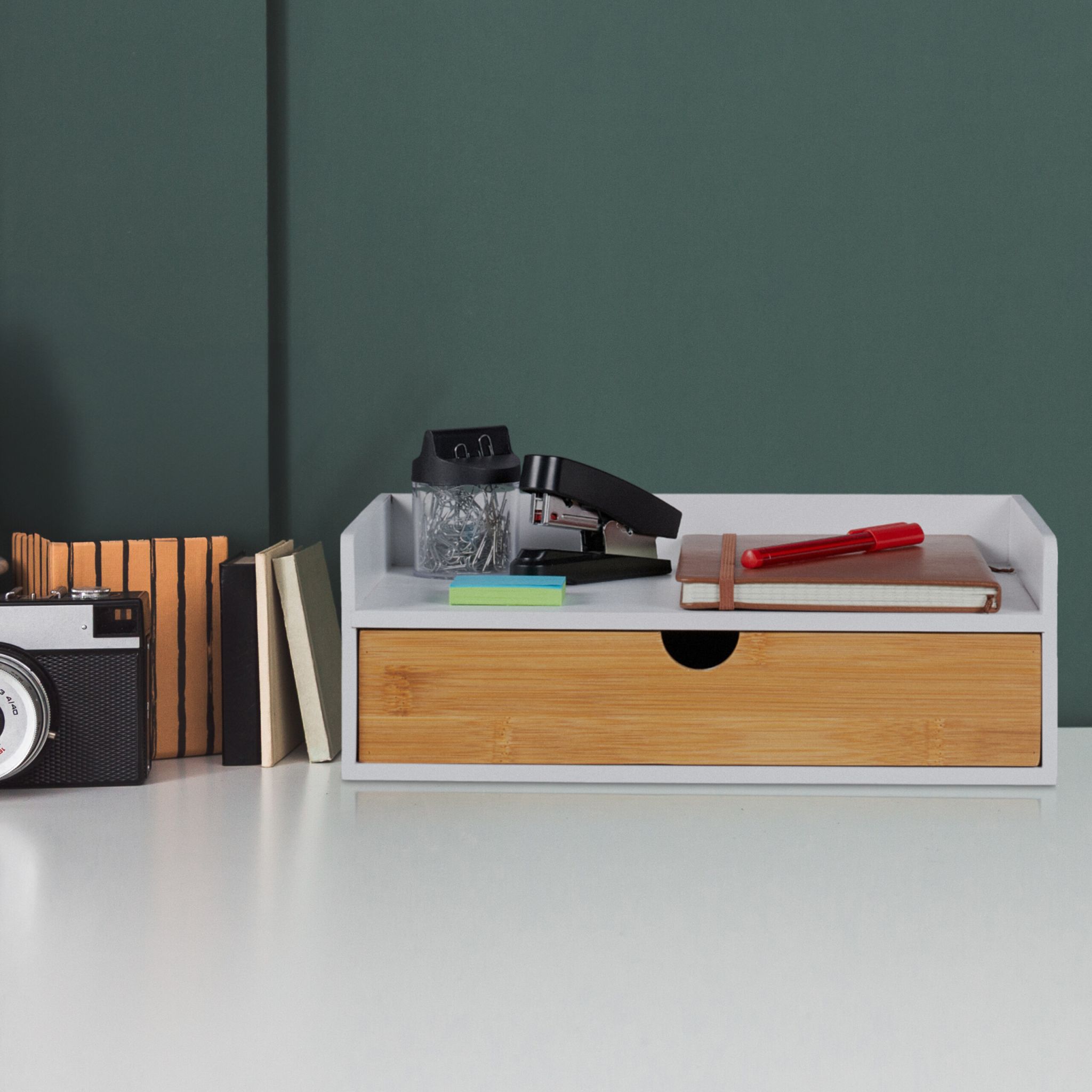Schreibtisch-Organizer mit Schublade Weiss-Hellbraun von Relaxdays