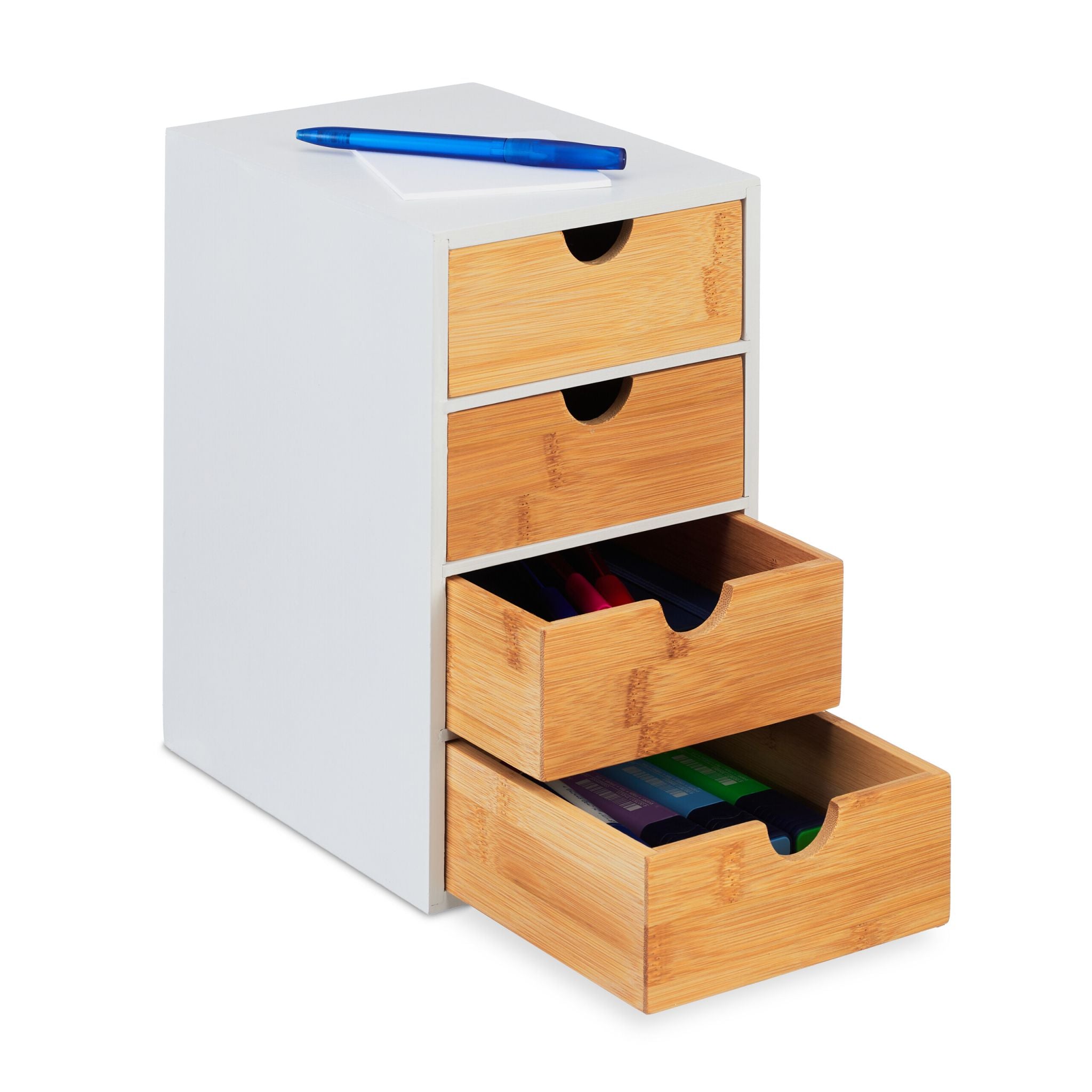Schubladenbox mit 4 Fächern Weiss-Hellbraun von Relaxdays