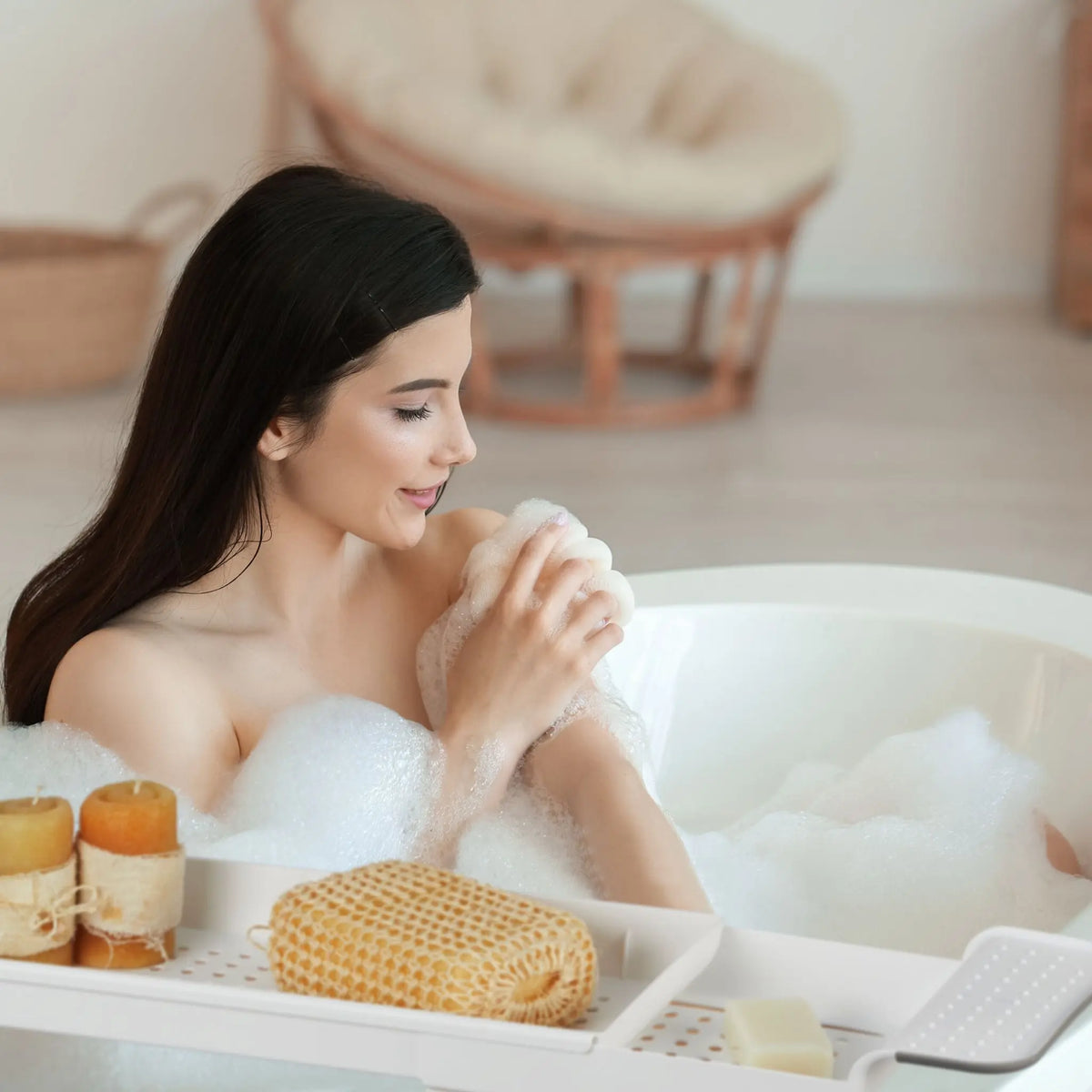 Ausziehbare Badewannenablage Weiss-Grau von Relaxdays