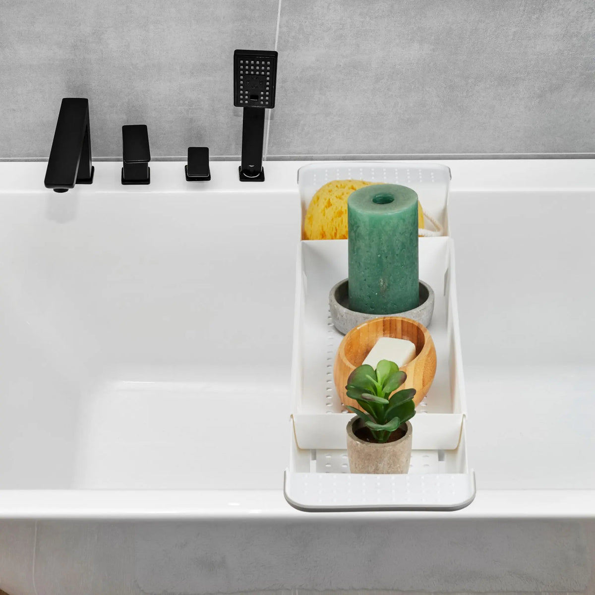 Ausziehbare Badewannenablage Weiss-Grau von Relaxdays