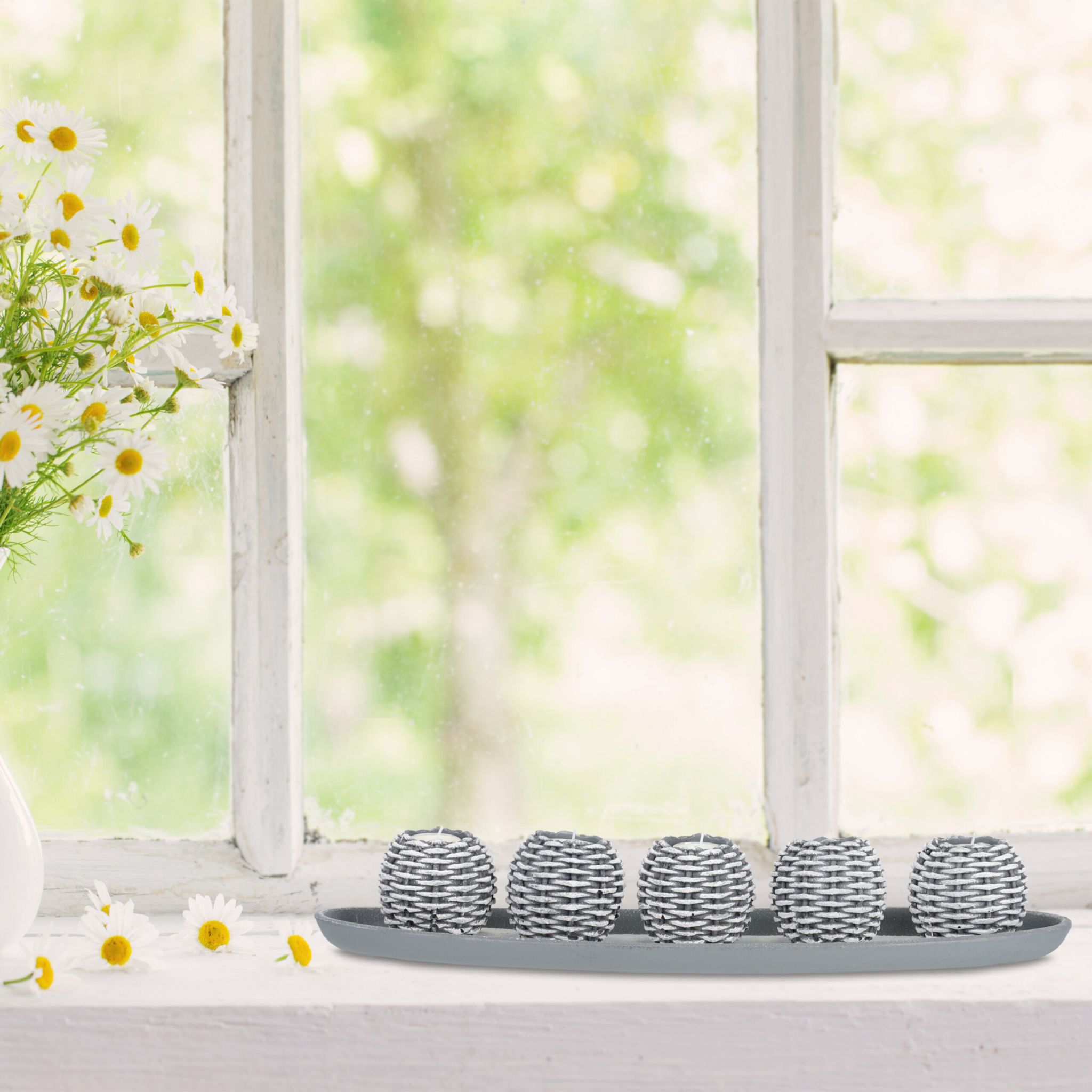 Kerzen Deko mit 5 Teelichthaltern Weiss-Grau von Relaxdays