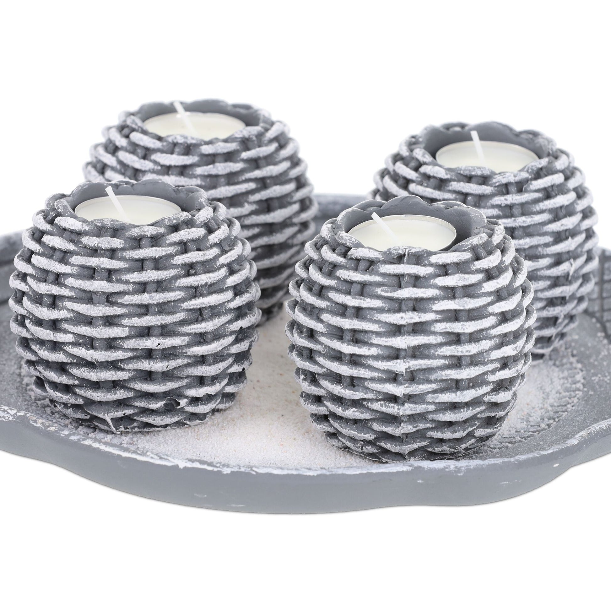 Kerzen Deko mit 4 Teelichthaltern Weiss-Grau von Relaxdays