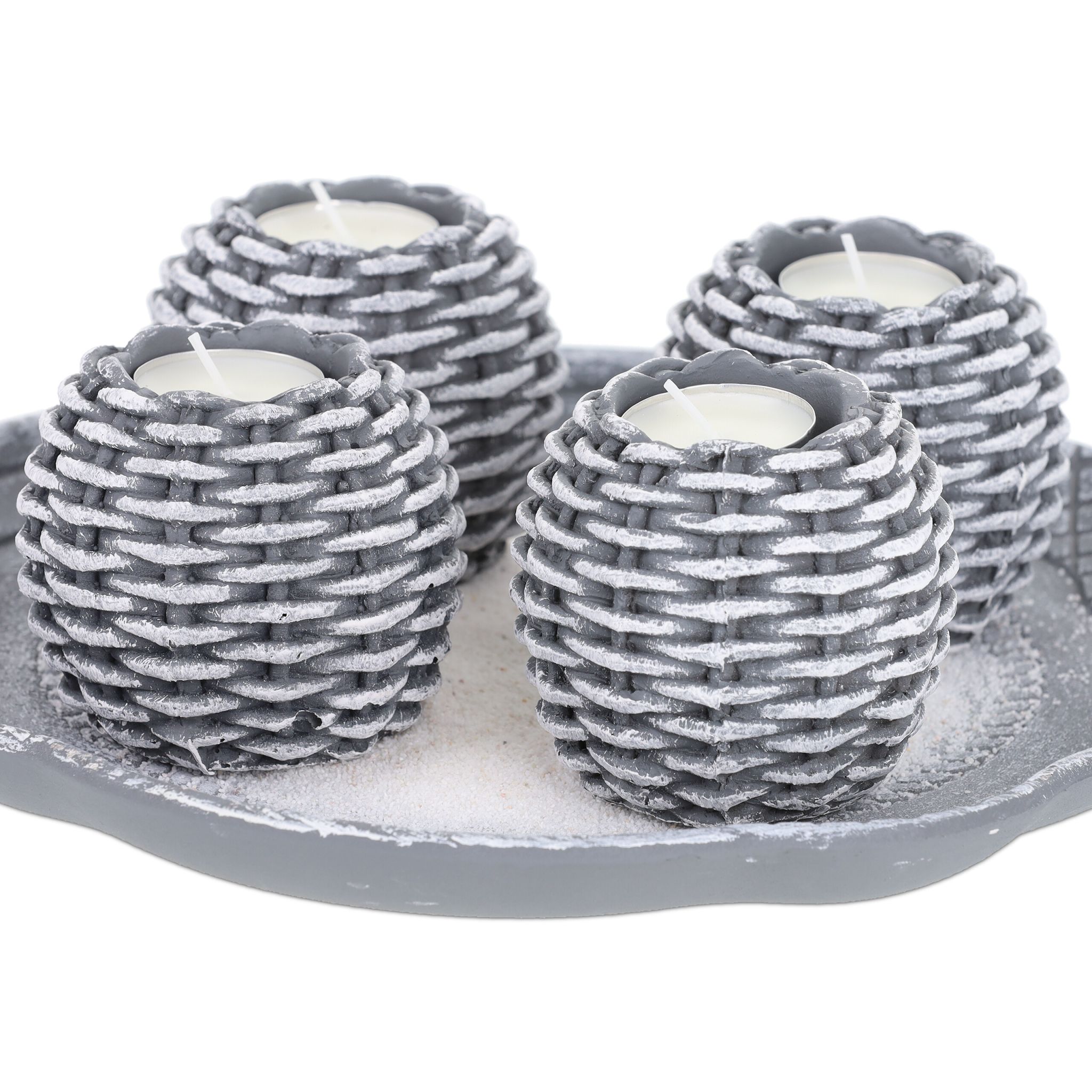 Kerzen Deko mit 4 Teelichthaltern Weiss-Grau von Relaxdays