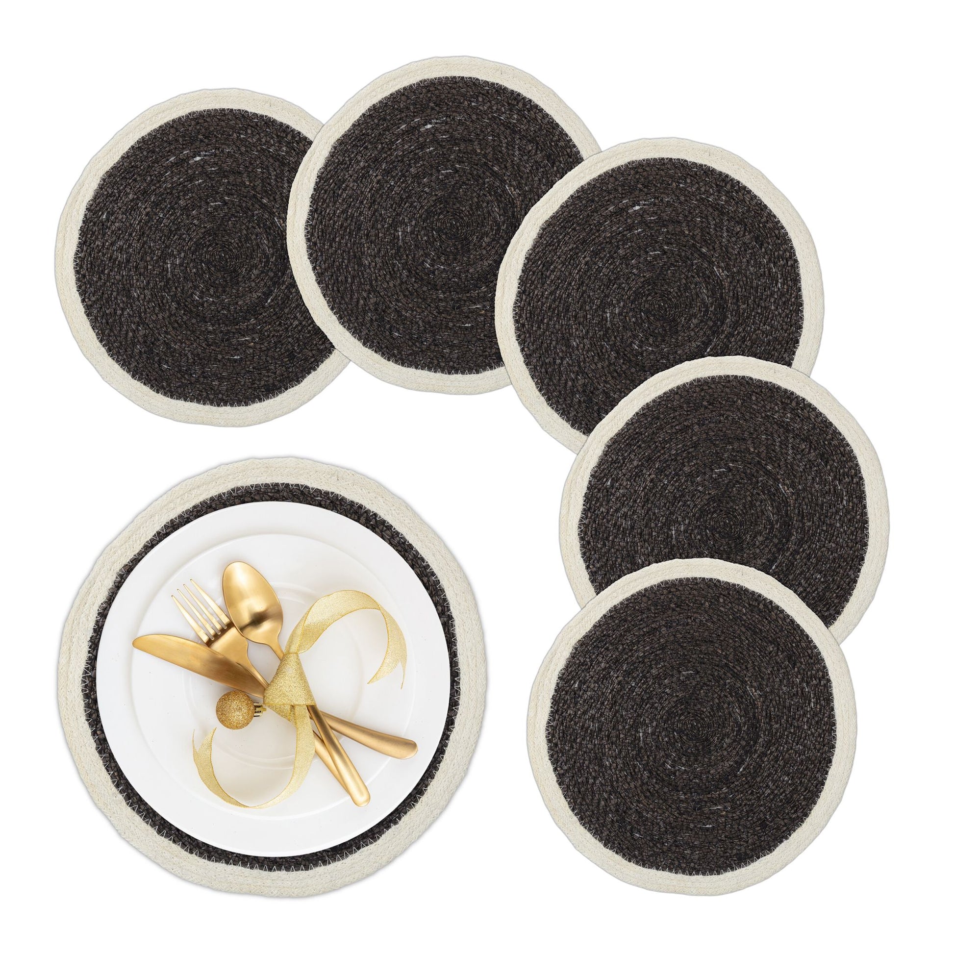 Tischset Seegras 6-teiliges Creme-Schwarz von Relaxdays