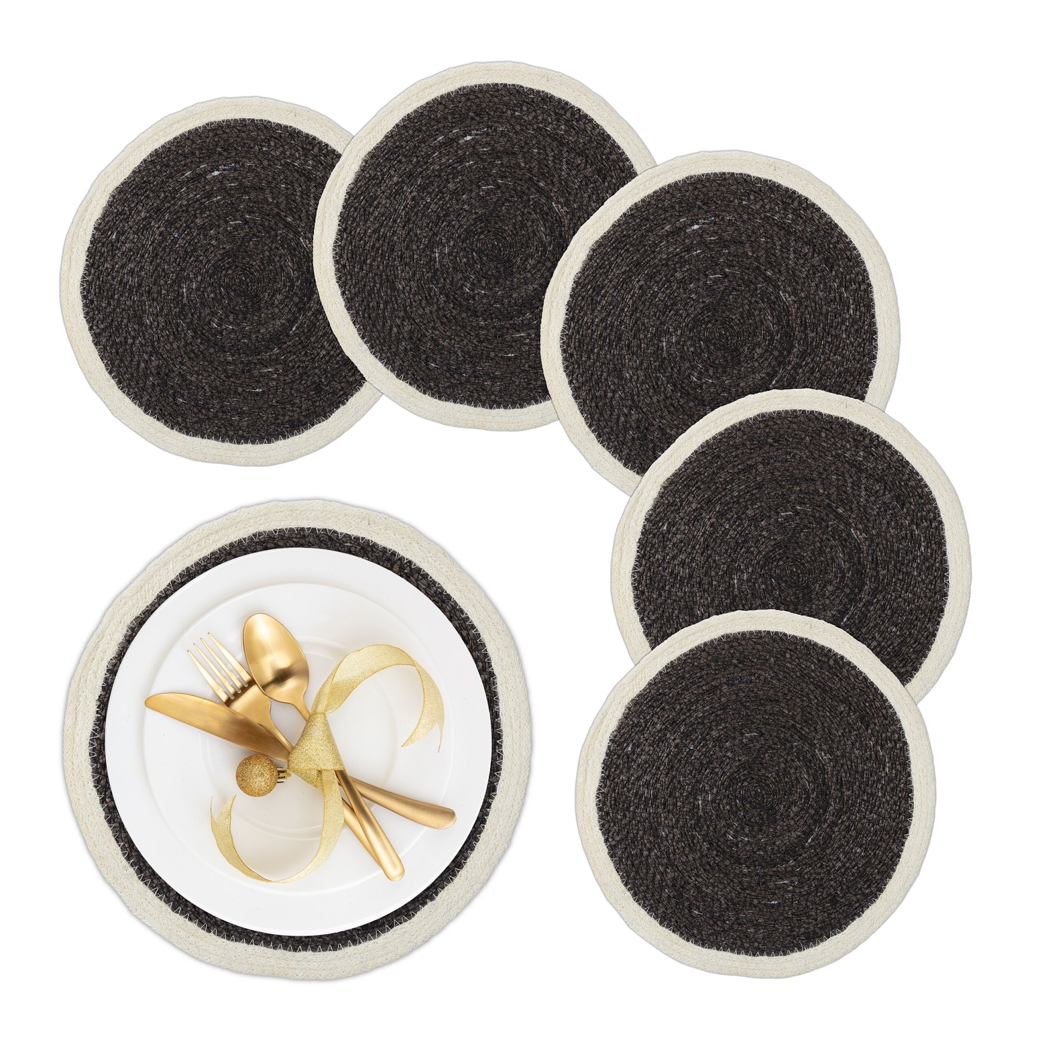 Tischset Seegras 6-teiliges Creme-Schwarz von Relaxdays