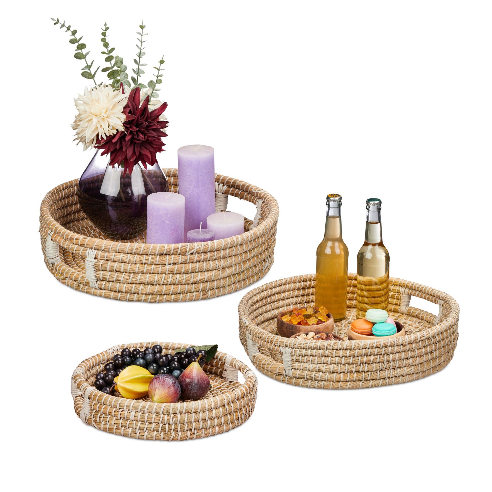 Serviertablett 3er-Set rund Weiss-Hellbraun von Relaxdays