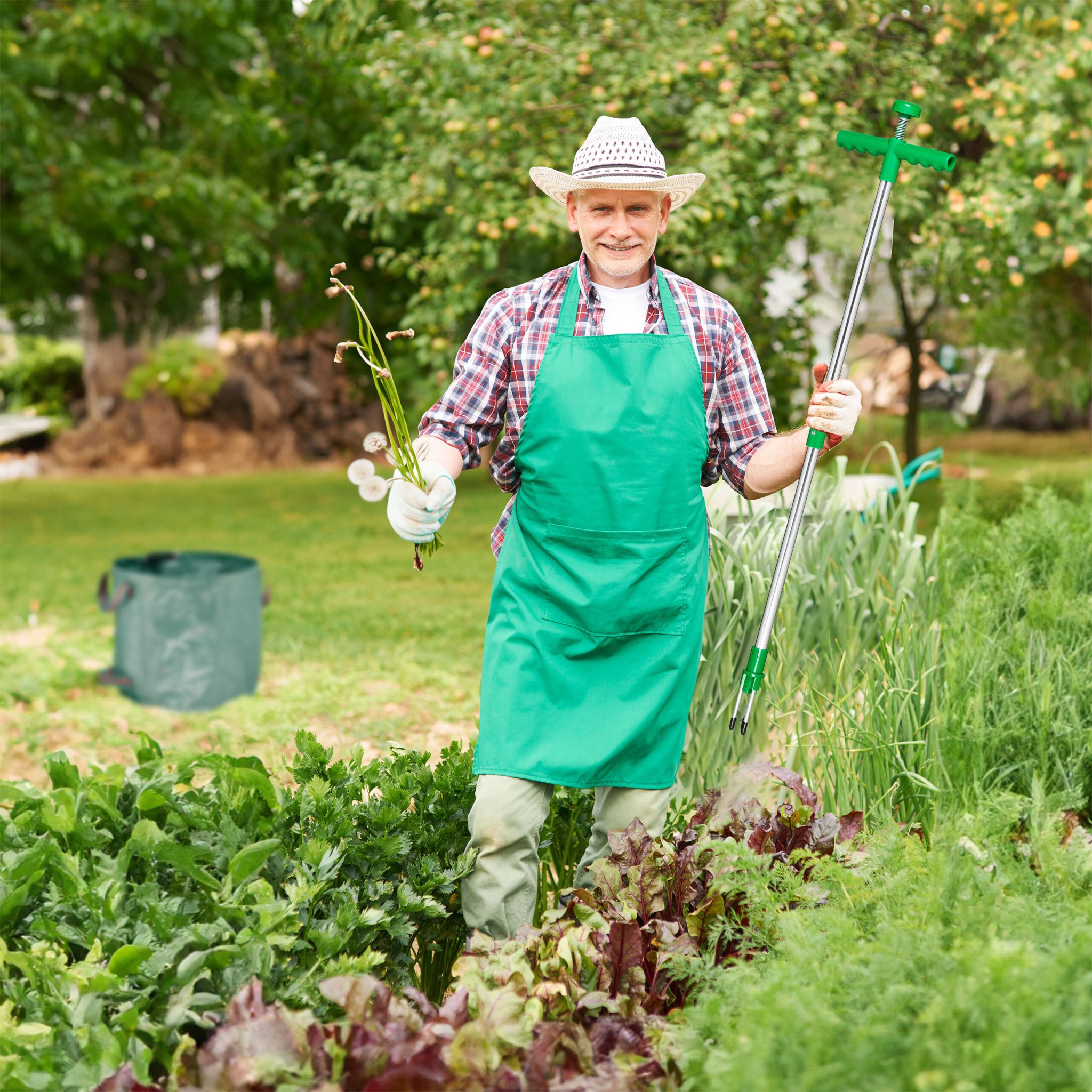 Unkrautstecher mit Gartenabfallsack Dunkelgrün-Grün-Silber von Relaxdays