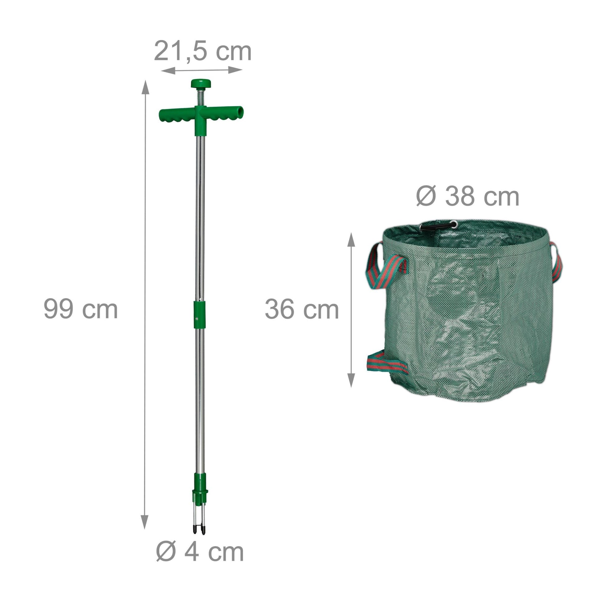 Unkrautstecher mit Gartenabfallsack Dunkelgrün-Grün-Silber von Relaxdays
