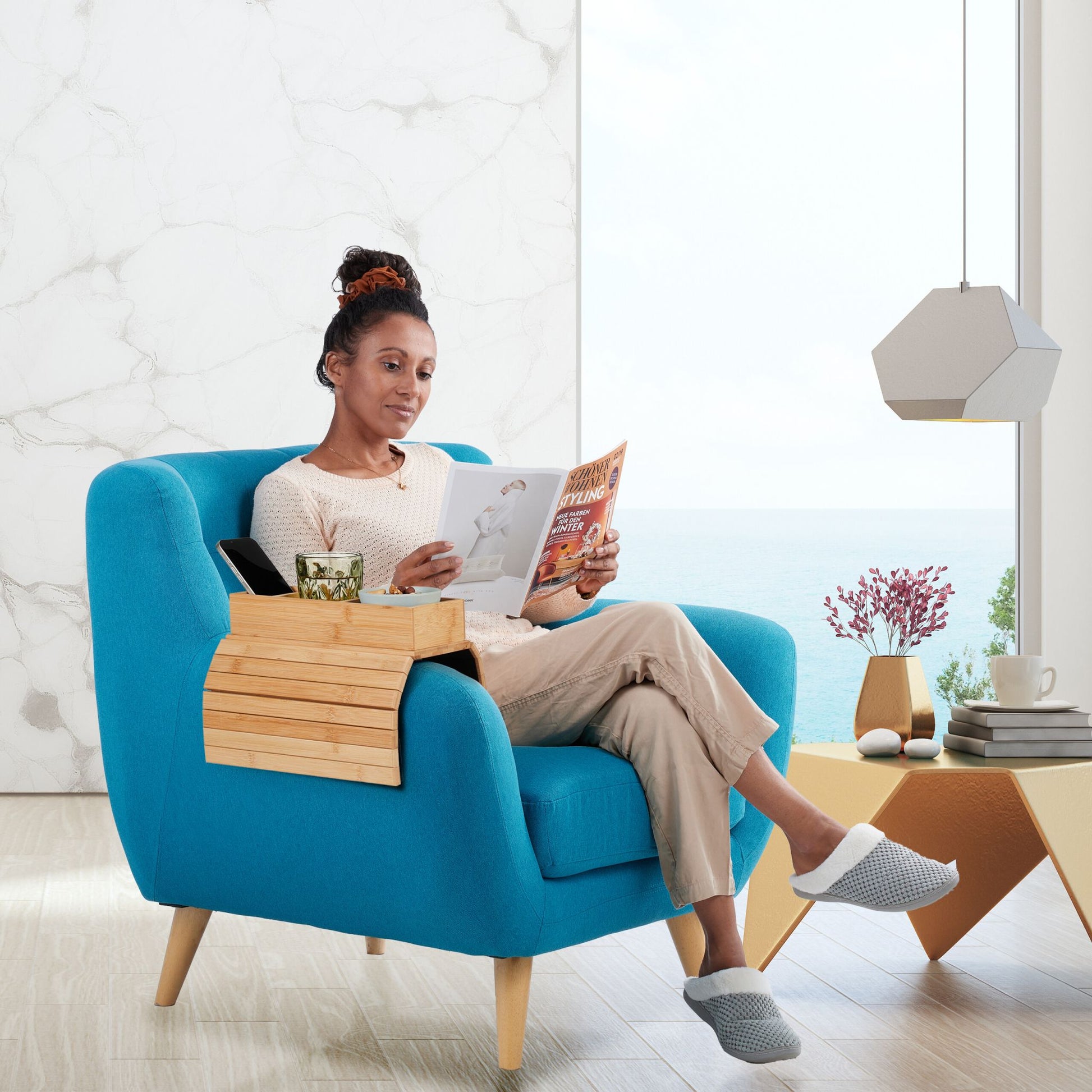 Sofatablett Bambus mit 3 Fächern Hellbraun-Schwarz von Relaxdays