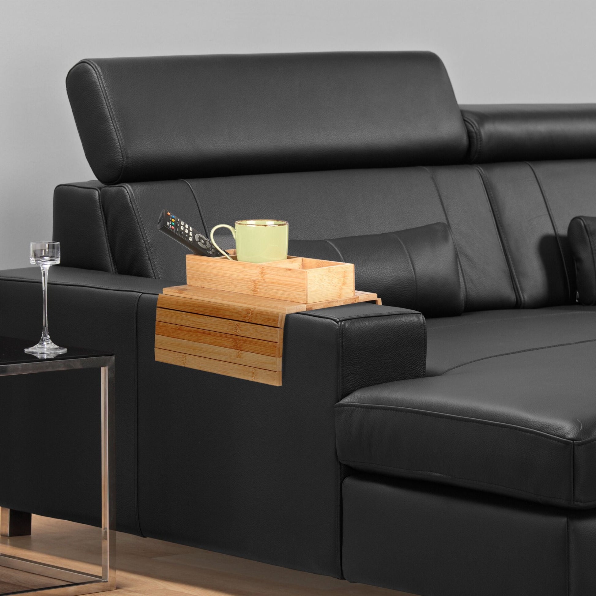 Sofatablett Bambus mit 3 Fächern Hellbraun-Schwarz von Relaxdays