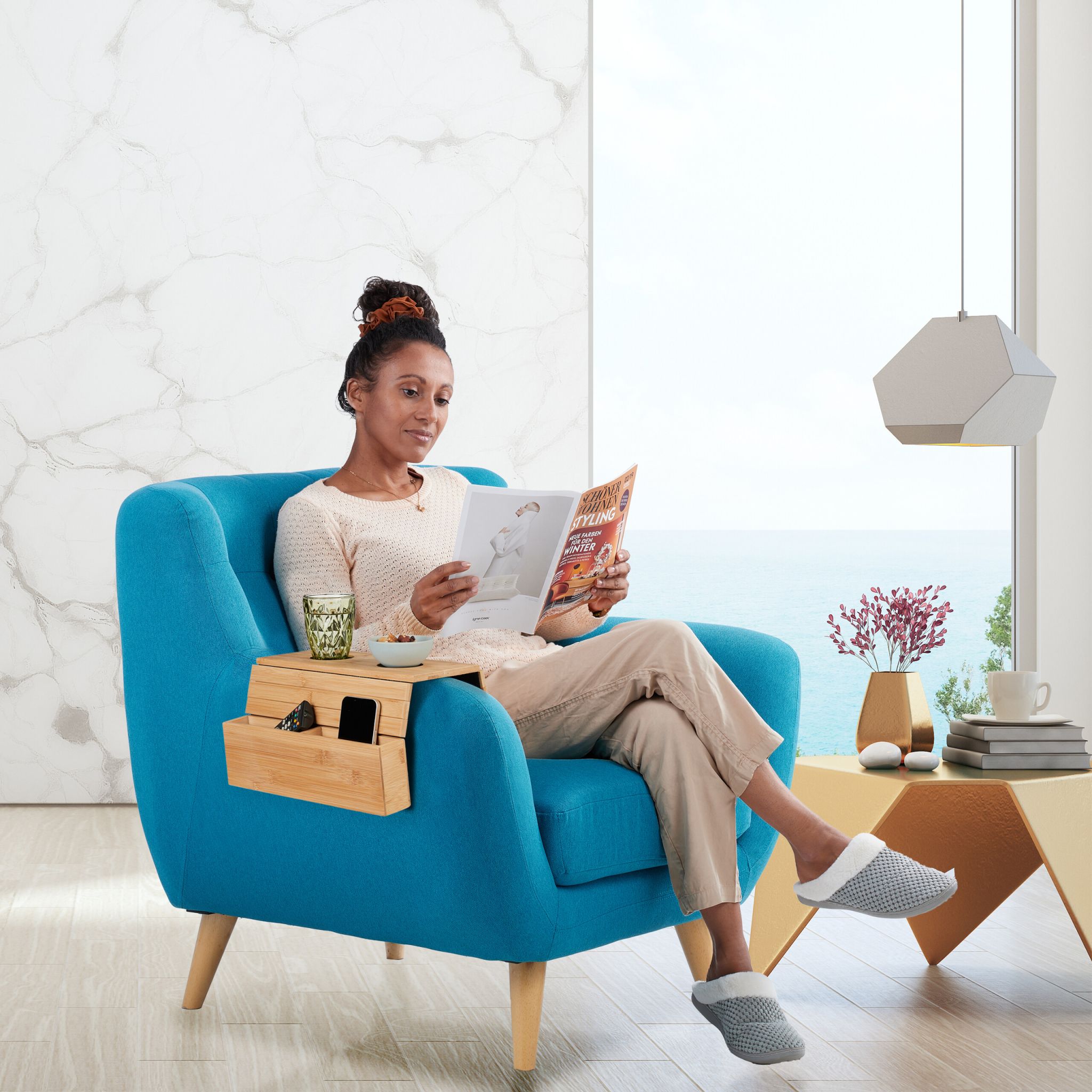 Sofatablett Bambus mit Untersetzern Hellbraun-Schwarz von Relaxdays