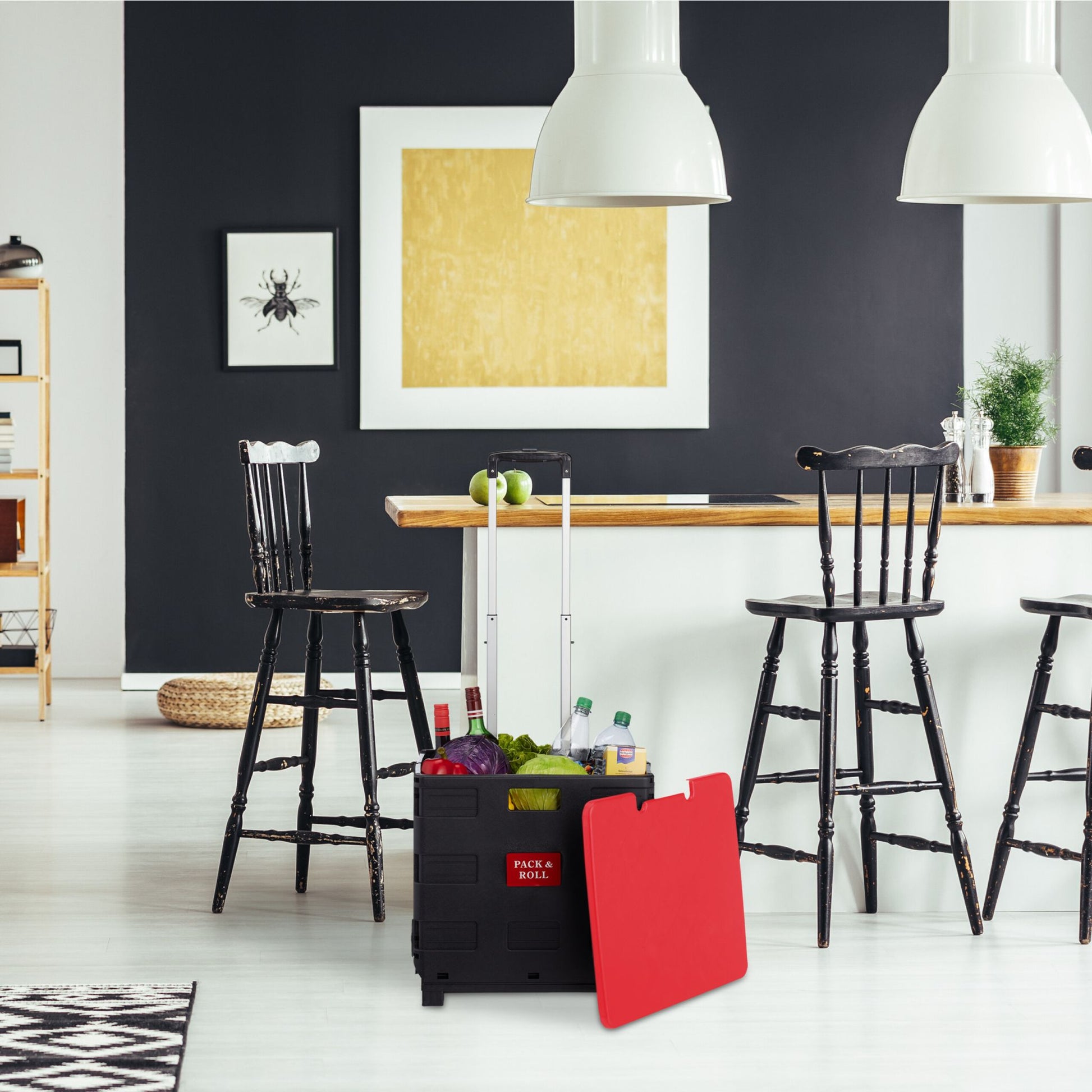 Klappbarer Einkaufstrolley mit Deckel Rot-Schwarz-Silber von Relaxdays