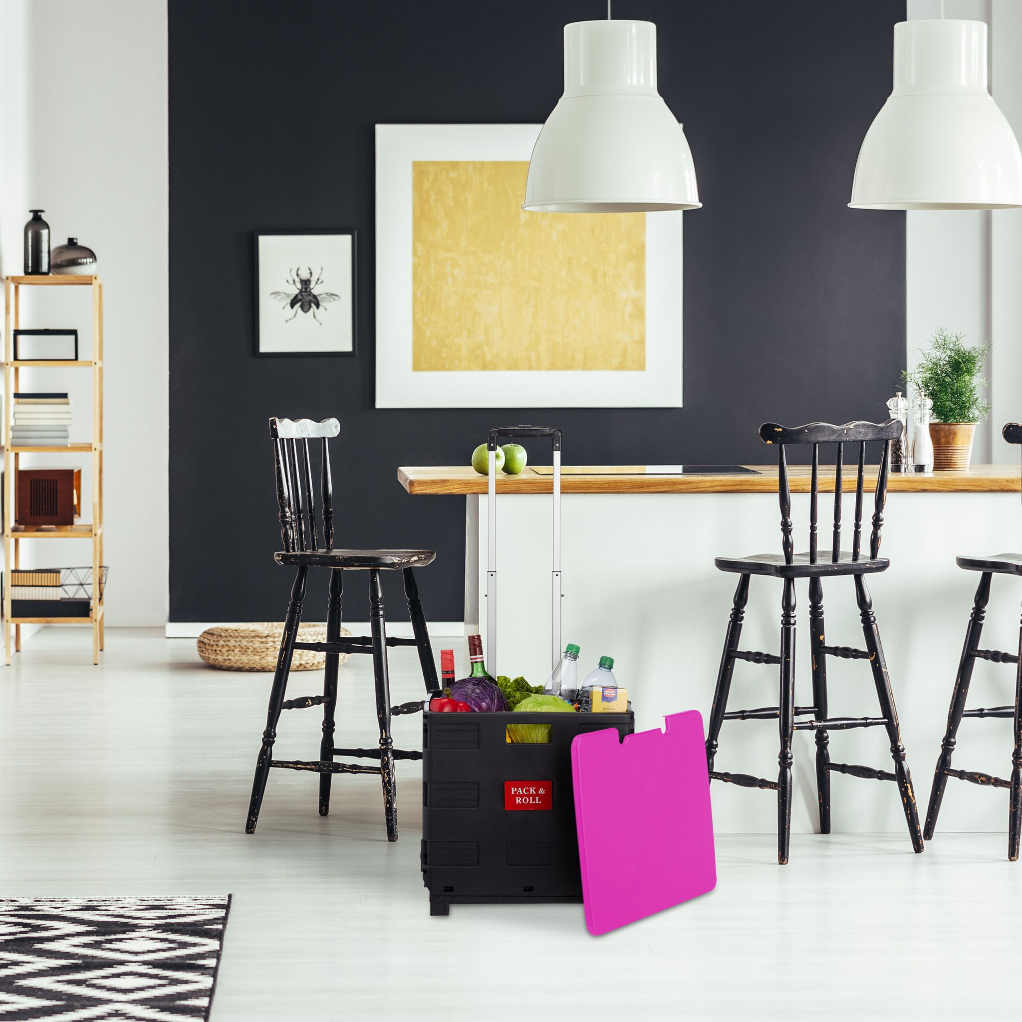 Klappbarer Einkaufstrolley mit Deckel Pink-Schwarz-Silber von Relaxdays
