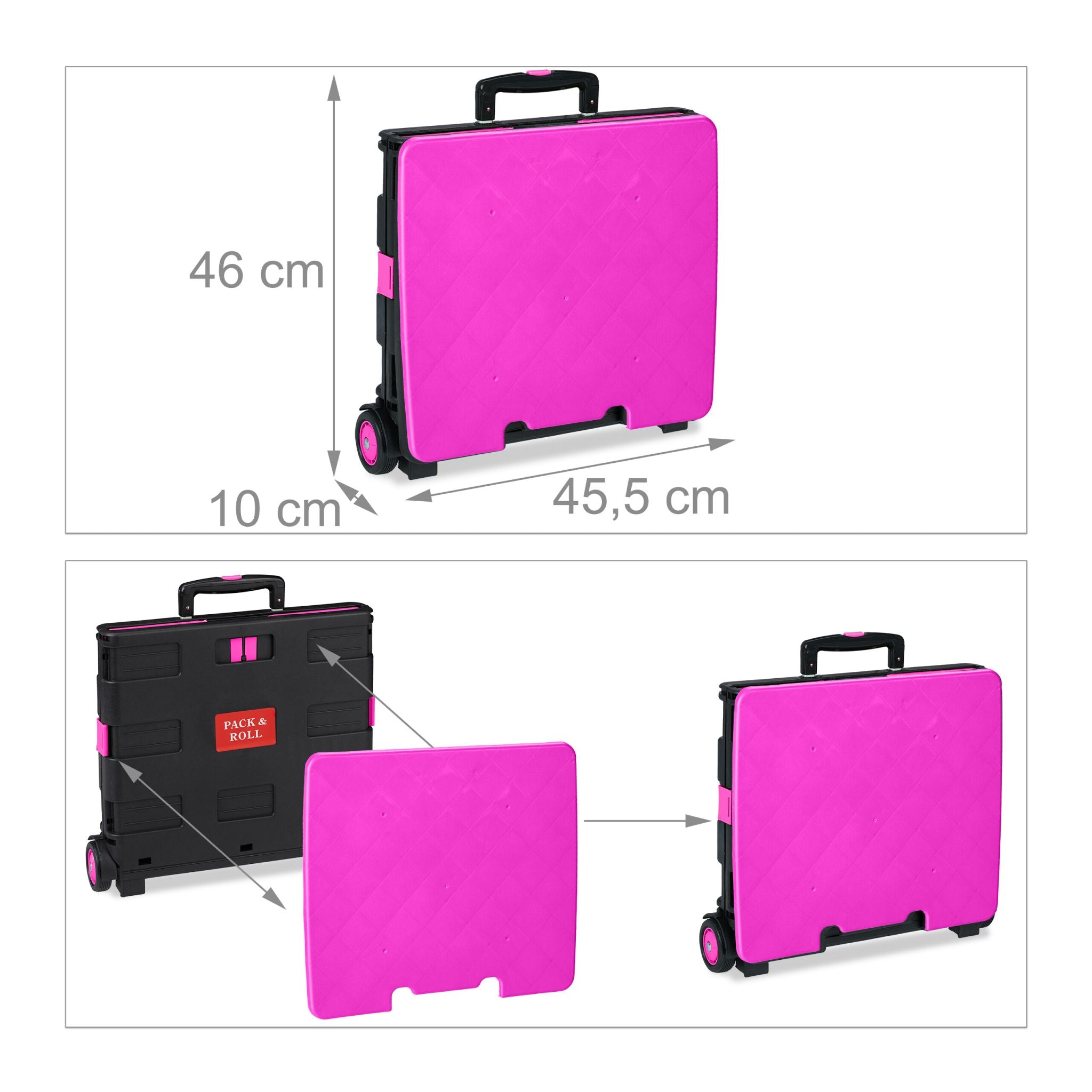 Klappbarer Einkaufstrolley mit Deckel Pink-Schwarz-Silber von Relaxdays