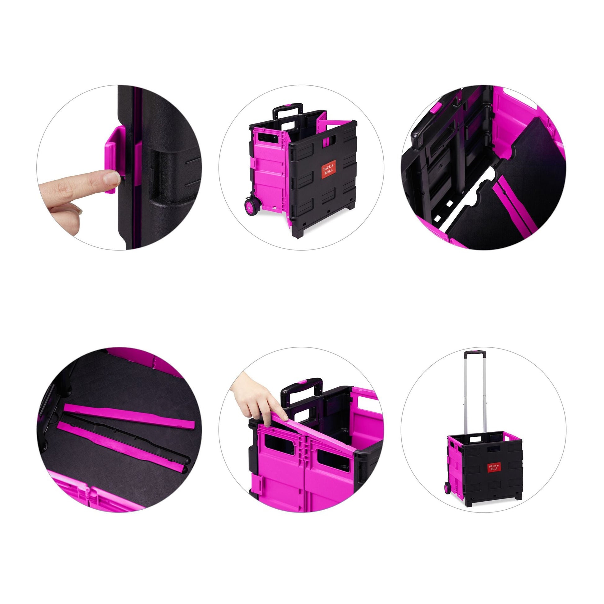 Klappbarer Einkaufstrolley mit Deckel Pink-Schwarz-Silber von Relaxdays